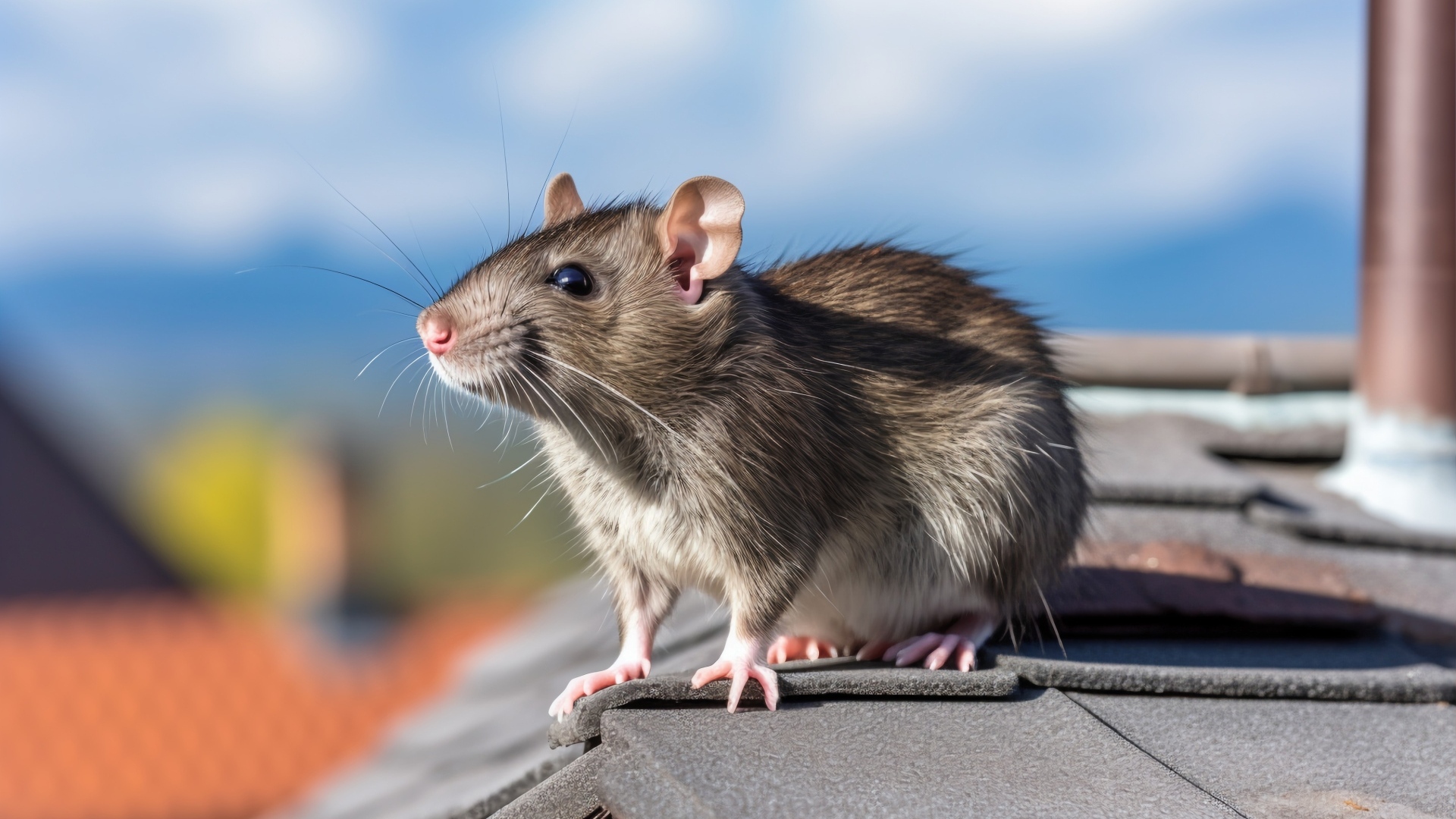 Серая крыса сидит на крыше