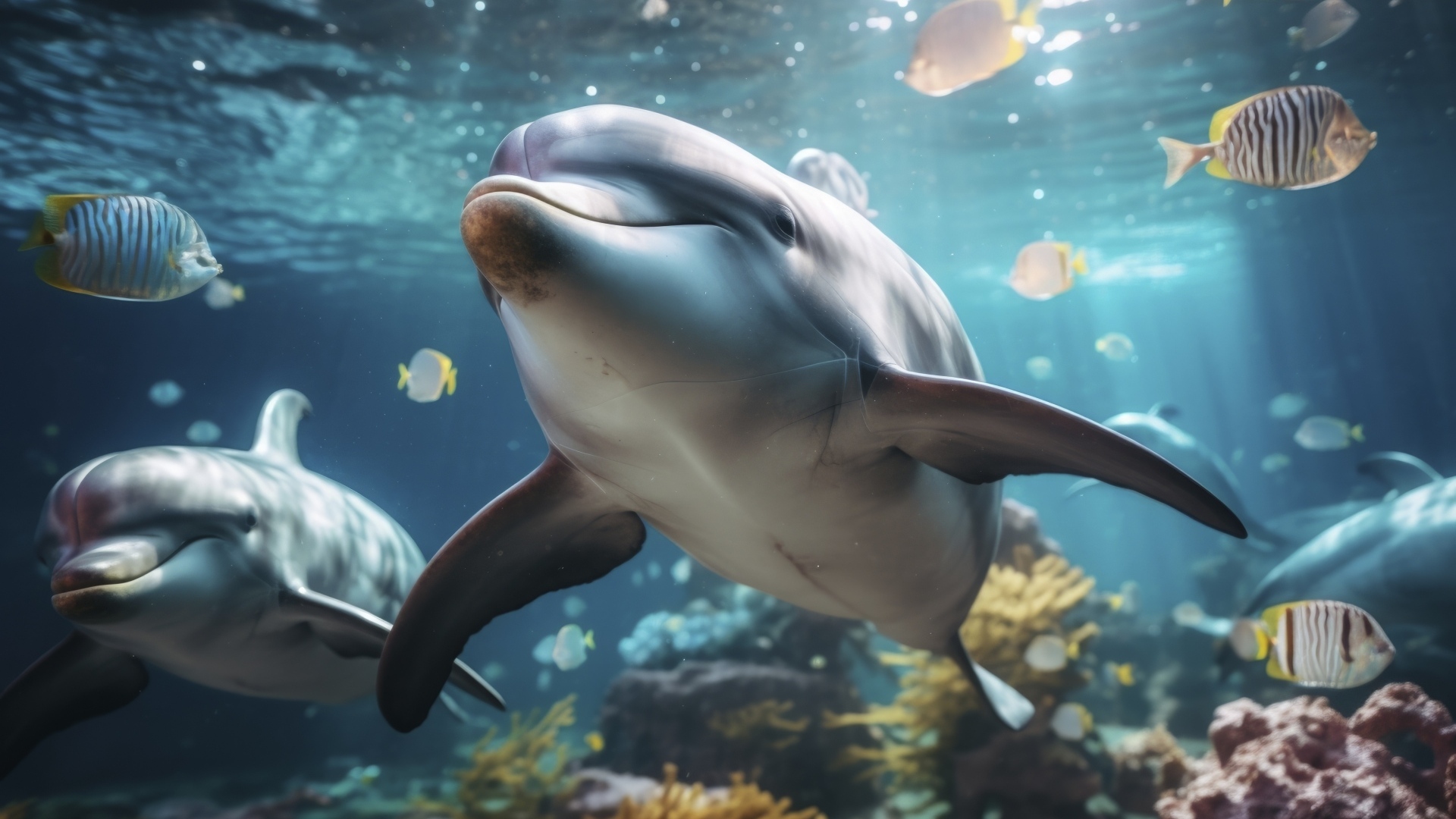 Дельфины и рыбы под водой