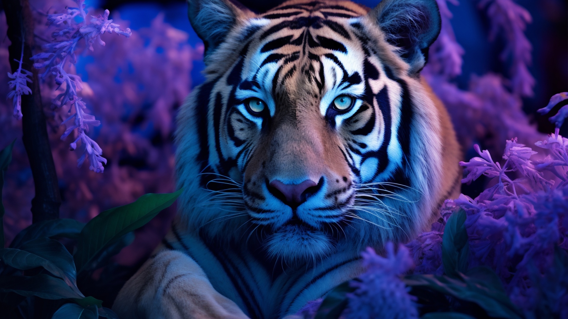 Большой полосатый тигр в цветах