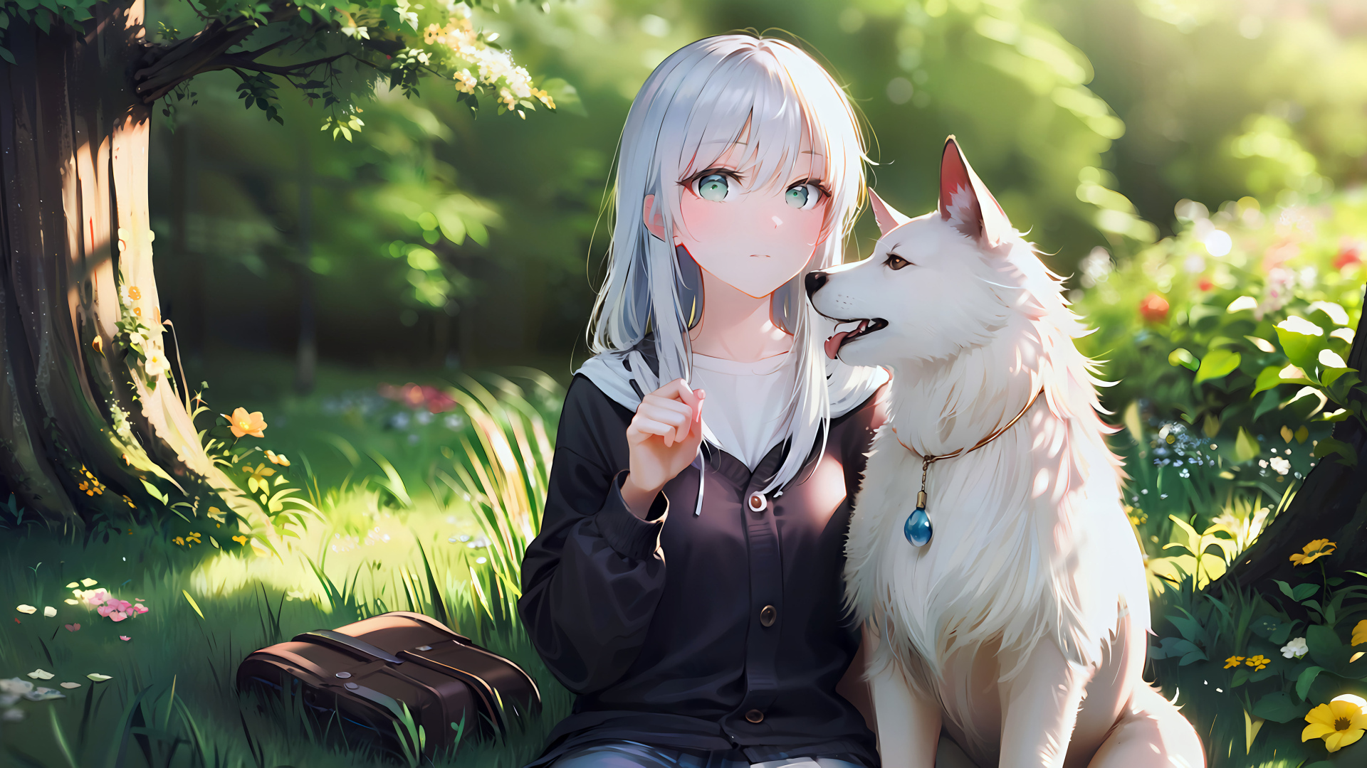 Девушка аниме с белой собакой в парке
