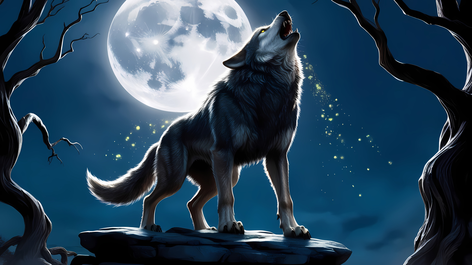Нарисованный волк воет на луну