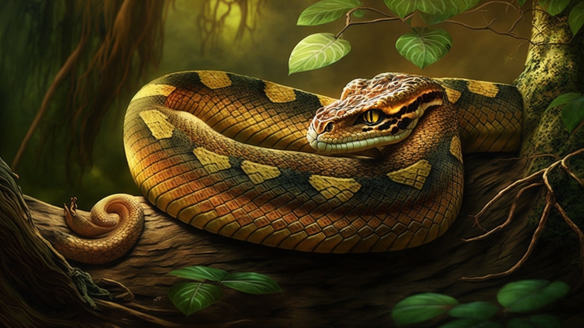 Нарисованная змея на ветке дерева