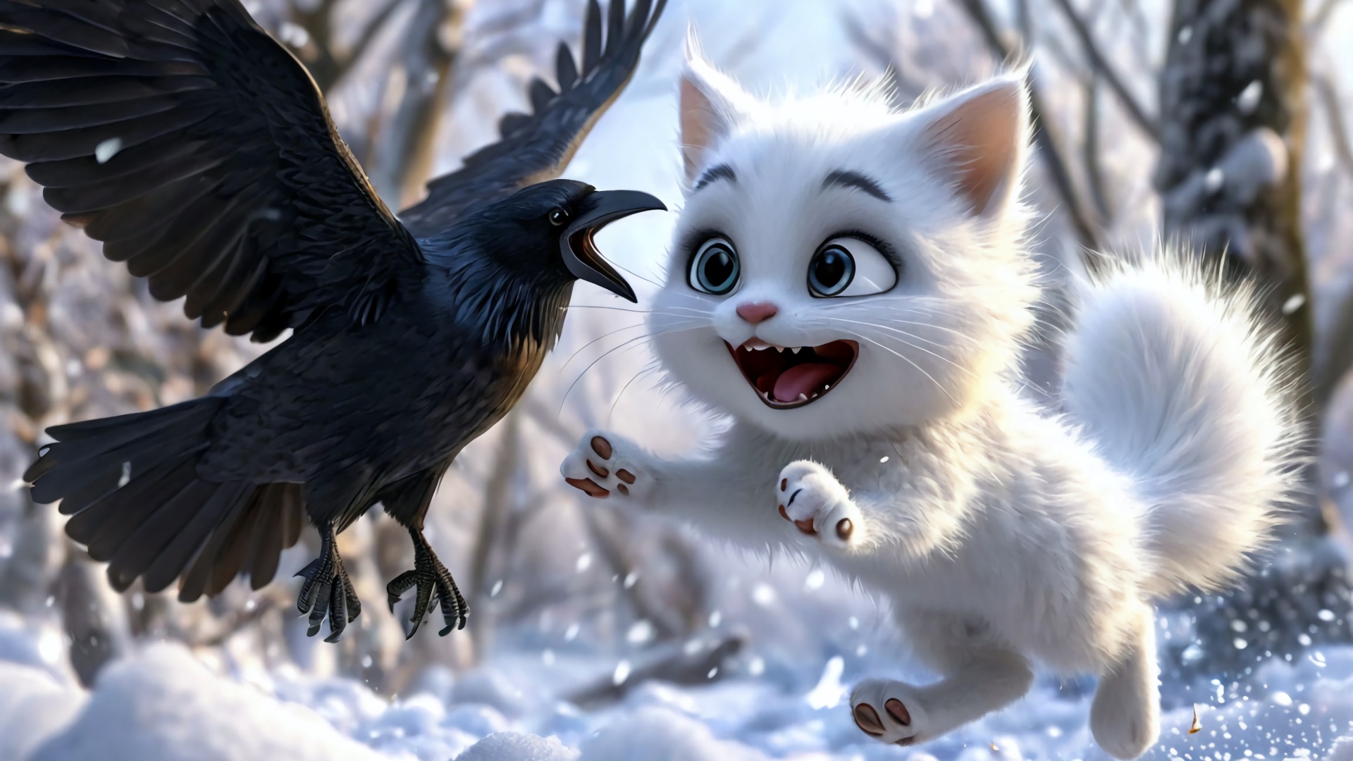 Нарисованный белый котенок играет с вороном