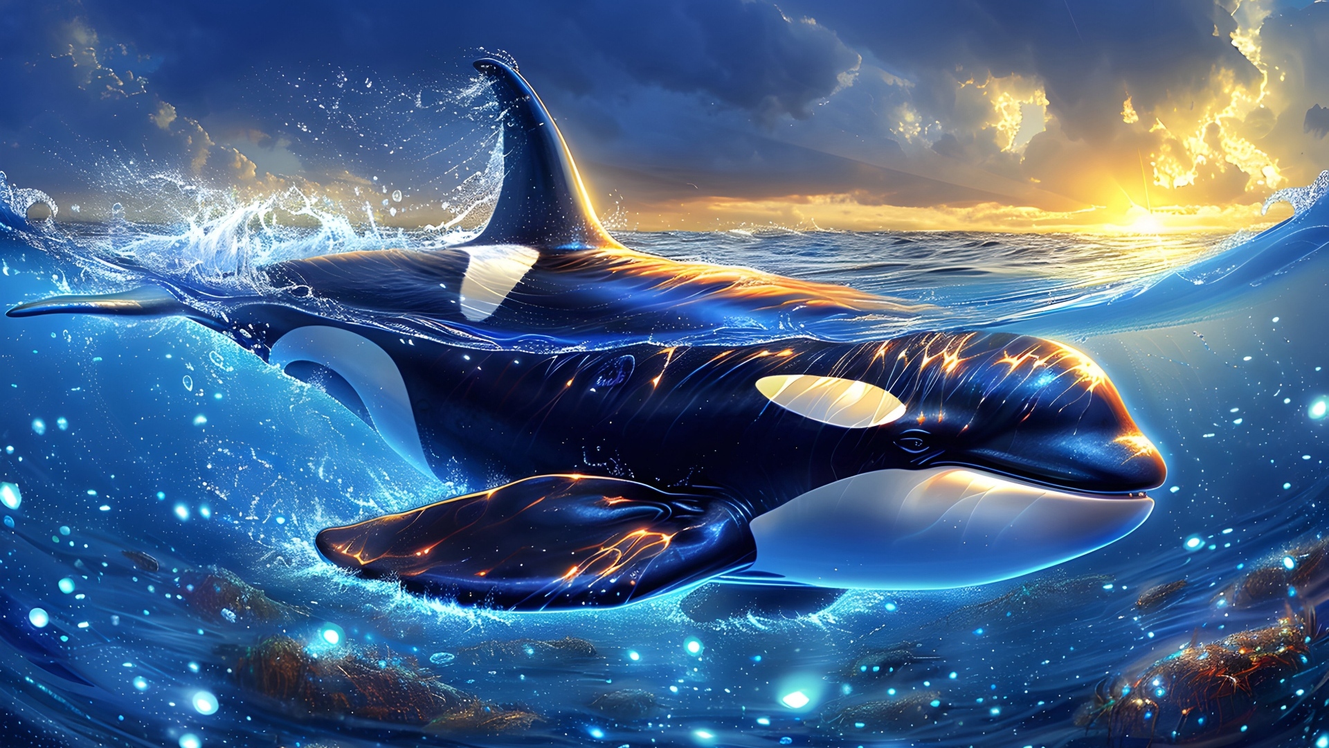 Большая черная косатка плавает в волшебном море