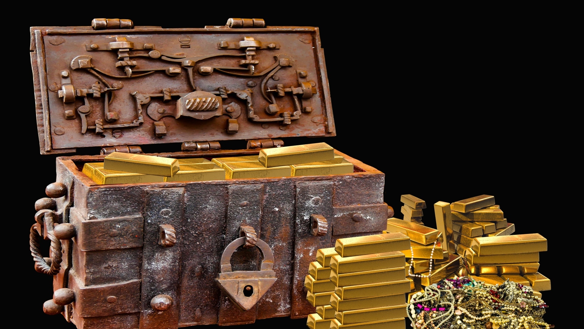 Старый железный сундук с золотом и украшениями