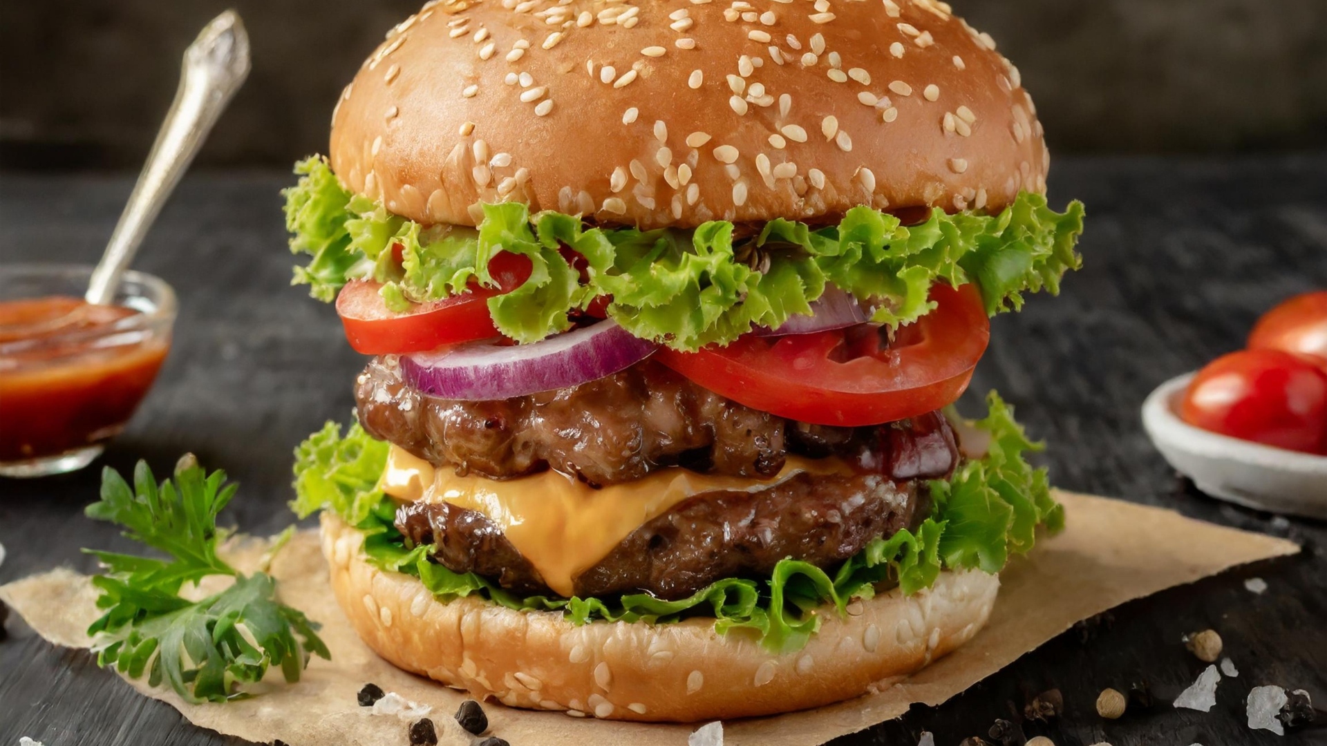 Гамбургер крупным планом на столе со специями