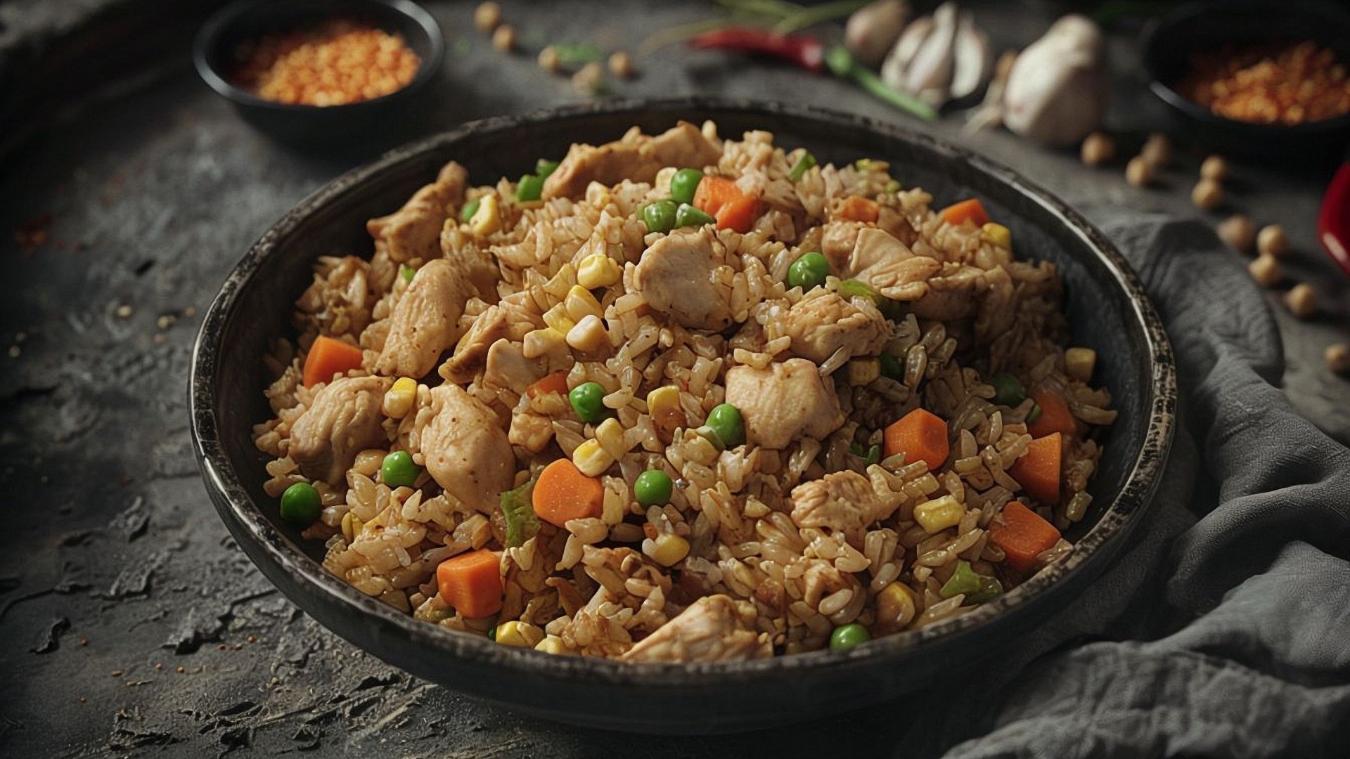 Рис с курицей в сковороде