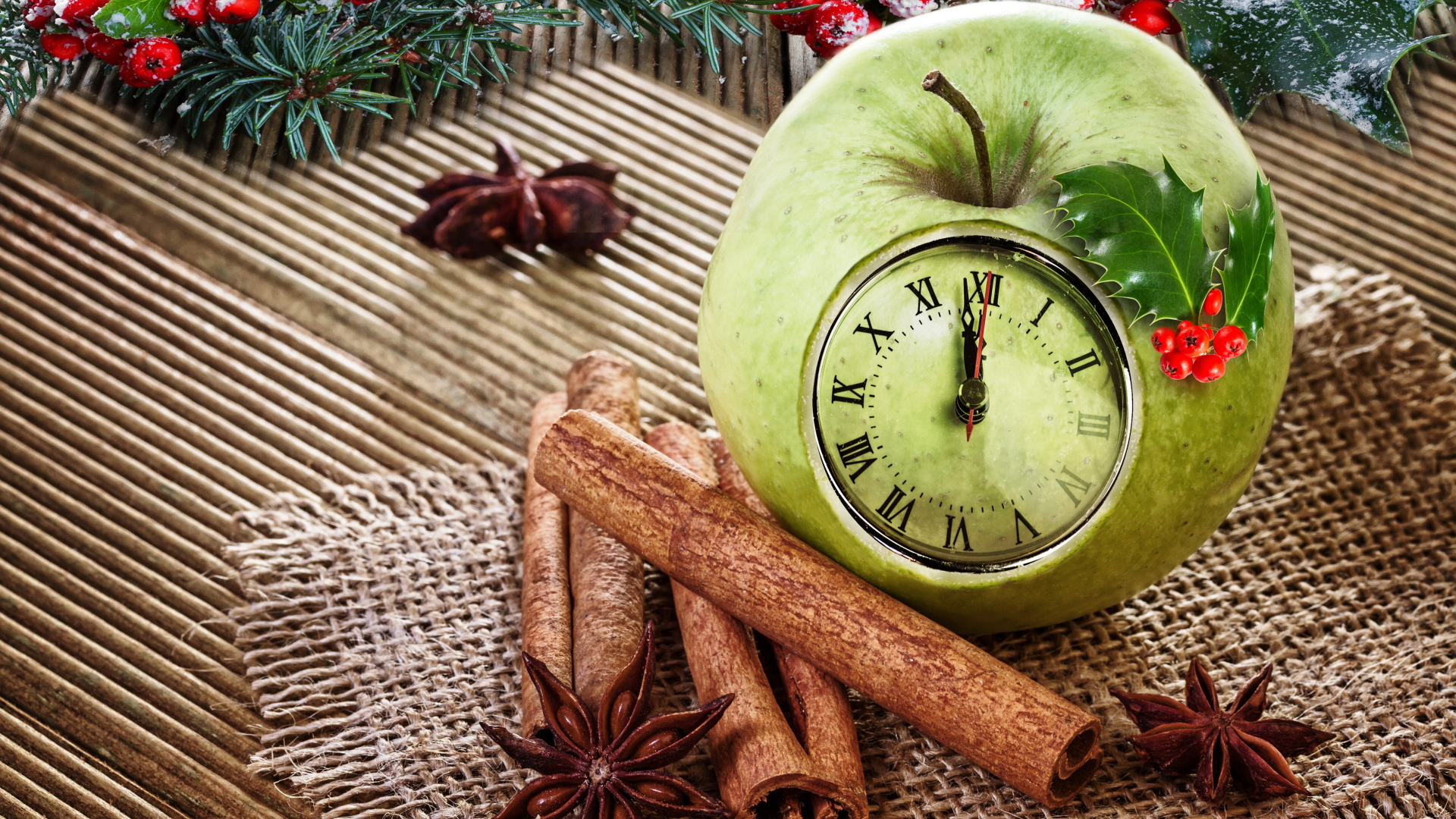 Зеленое яблоко с часами на столе со специями