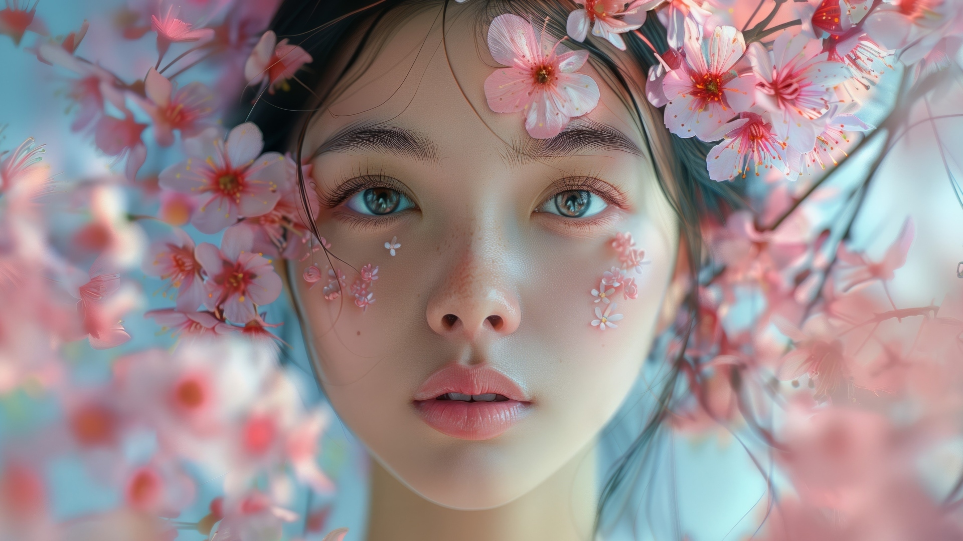 Красивая девушка азиатка с розовыми цветами сакуры