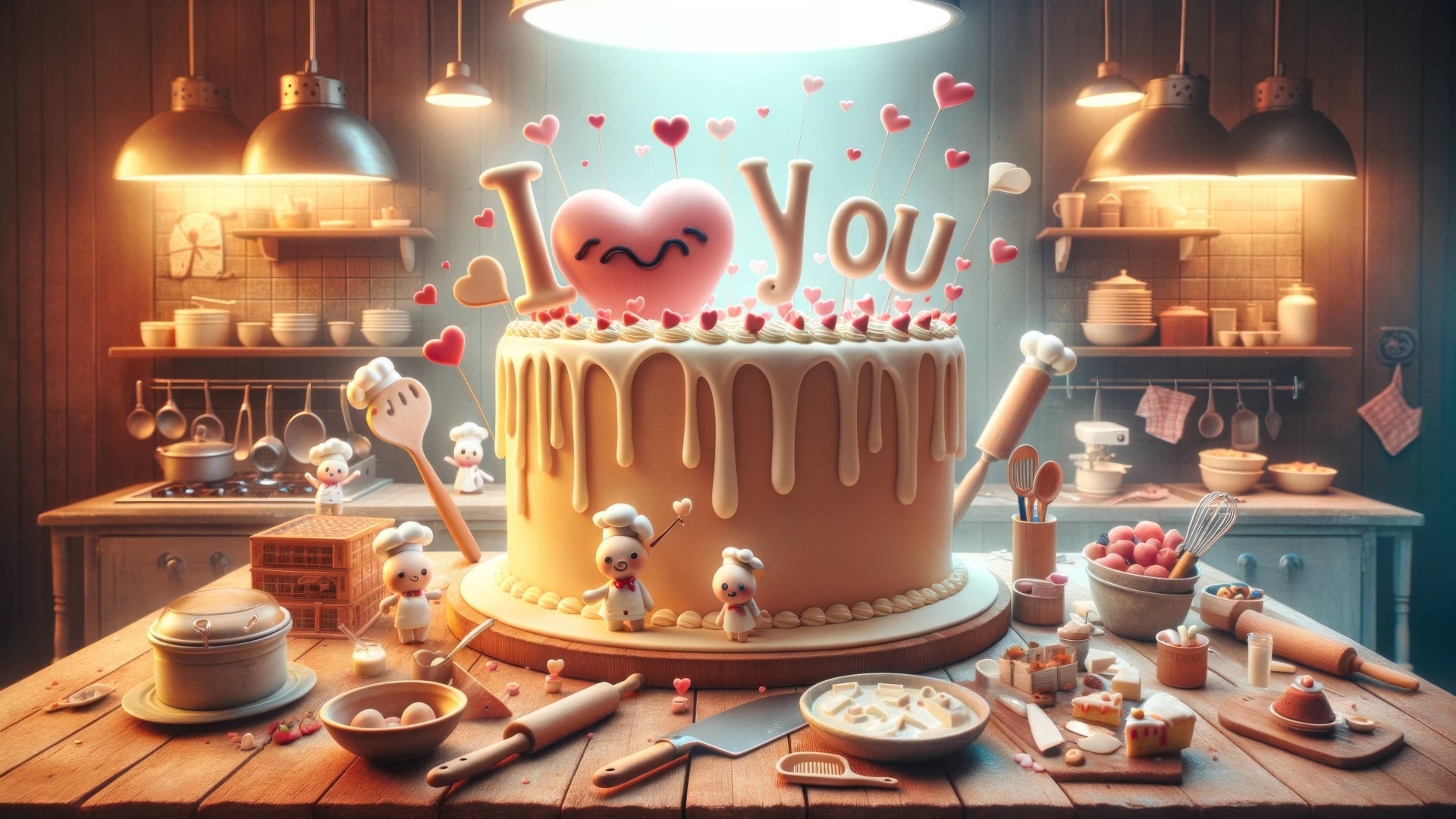 Торт с надписью Я тебя люблю на кухне на столе
