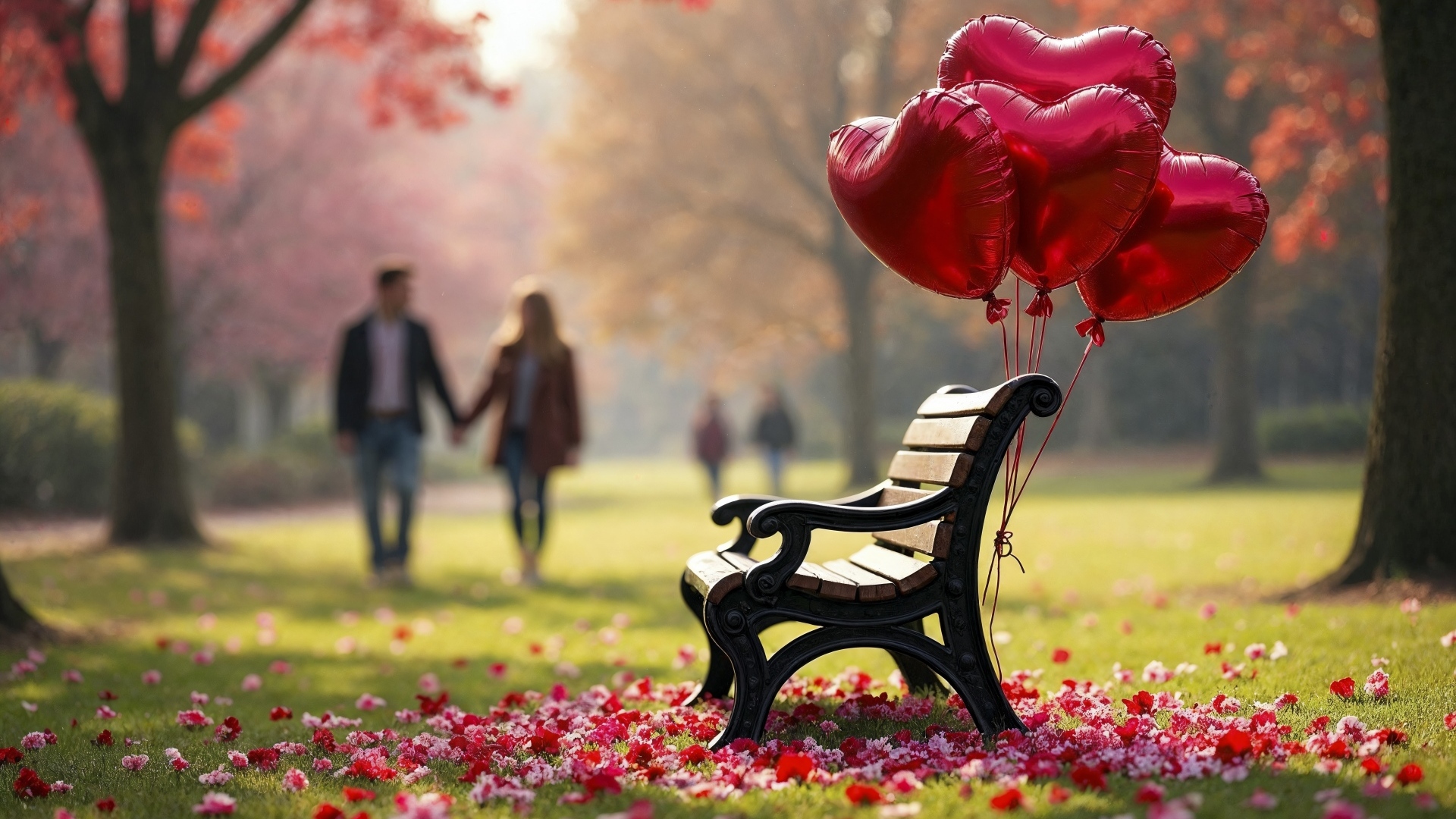 Лавка в парке с шариками в форме сердца