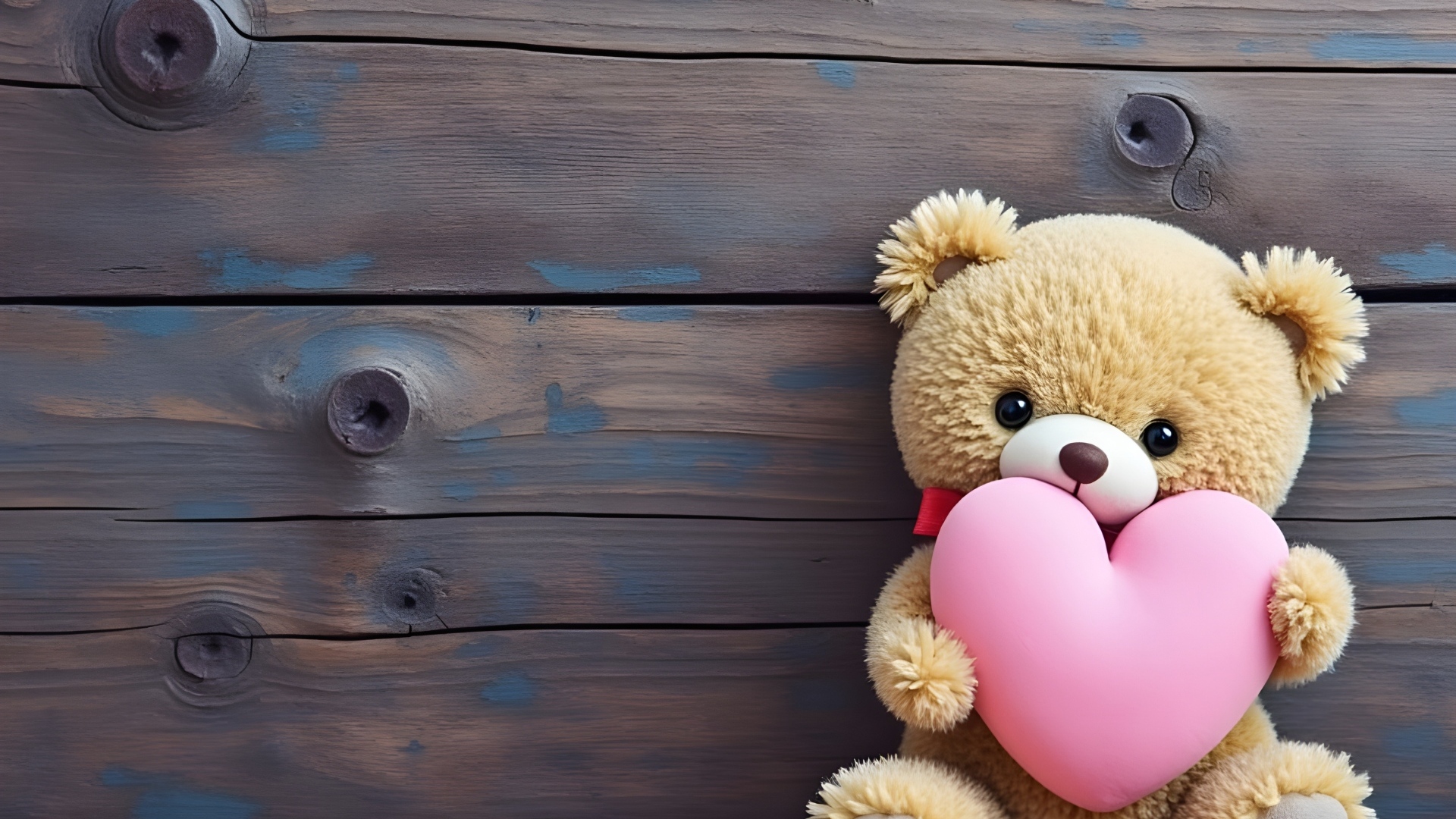 Маленький плюшевый мишка с розовым сердцем у стены