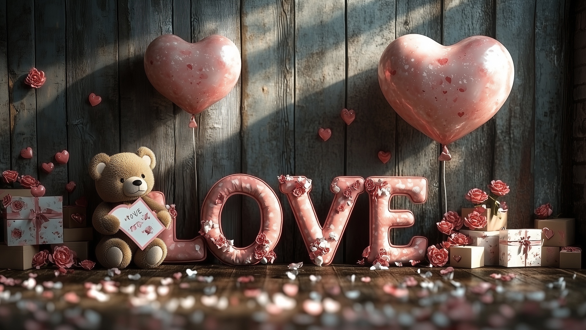 Игрушки, воздушные шары и надпись любовь у деревянной стены