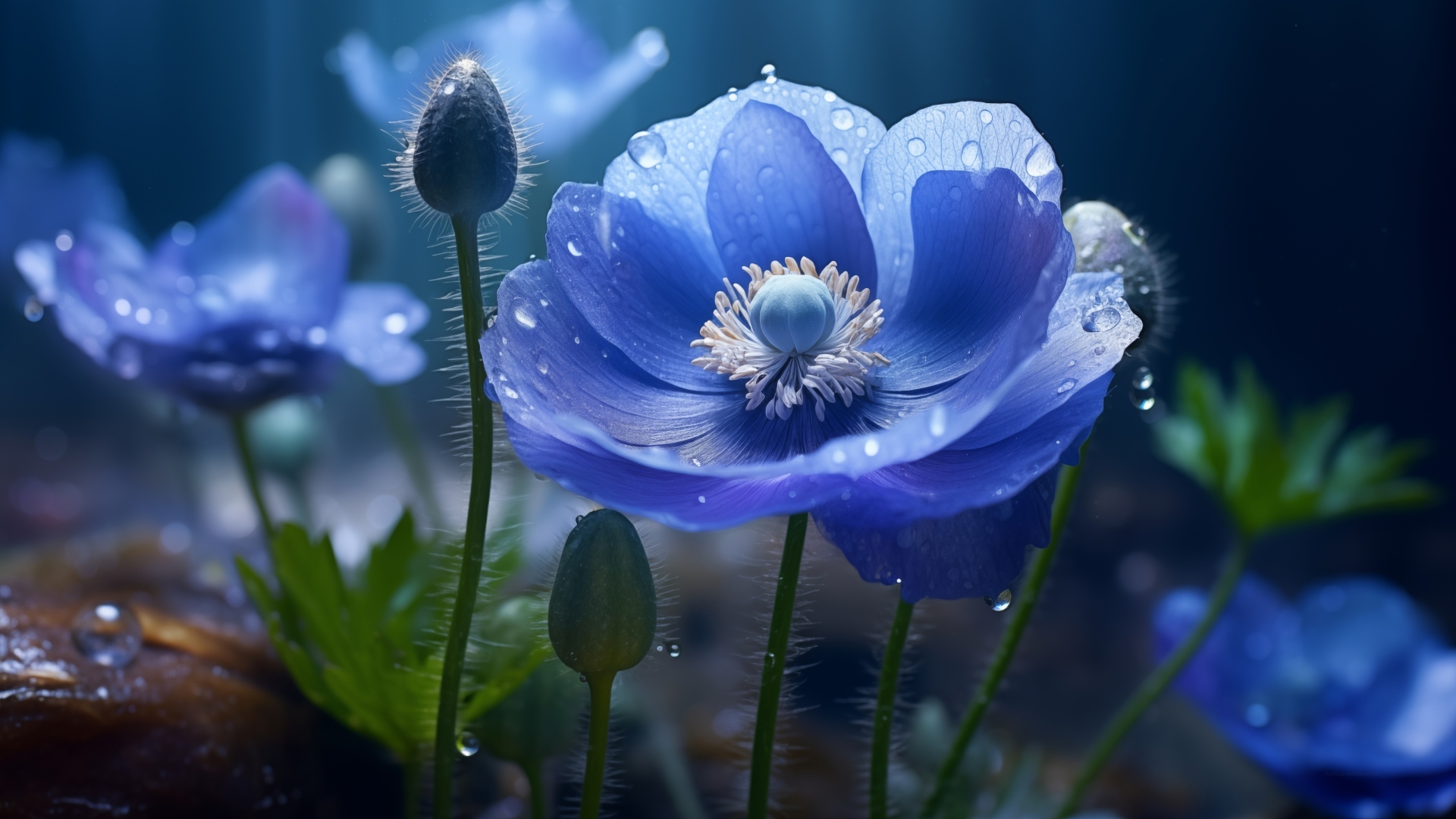 Красивый синий цветок мака с бутонами в каплях воды