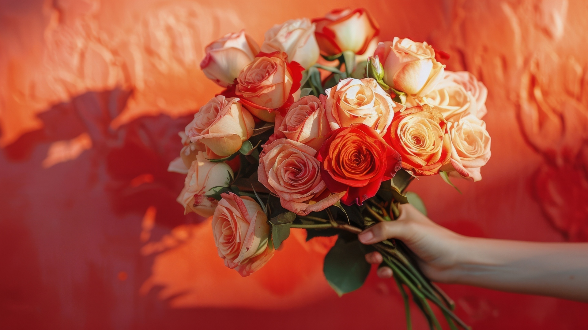 Букет роз в руке на фоне красной стены