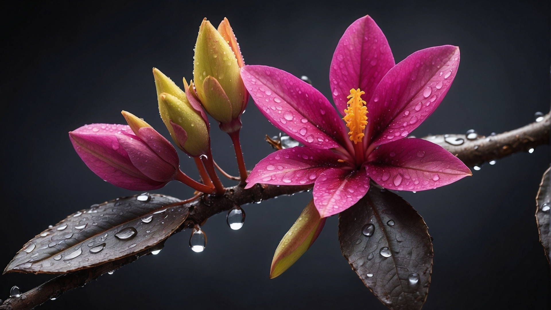 Розовый весенний цветок на ветке с бутонами в каплях дождя