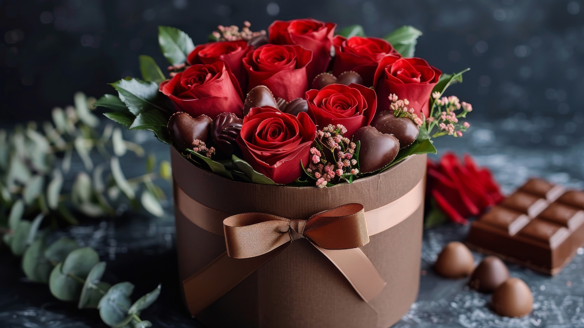 Красные розы в коробке с конфетами