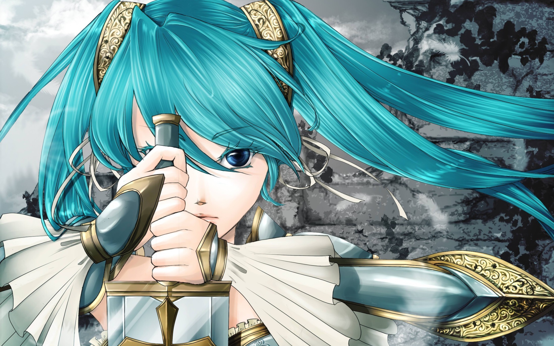 Девушка с голубыми волосами и мечом