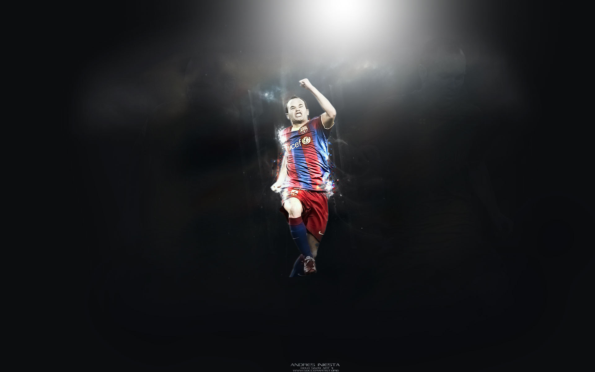 Игрок Барселоны Андрес Иньеста в прыжке