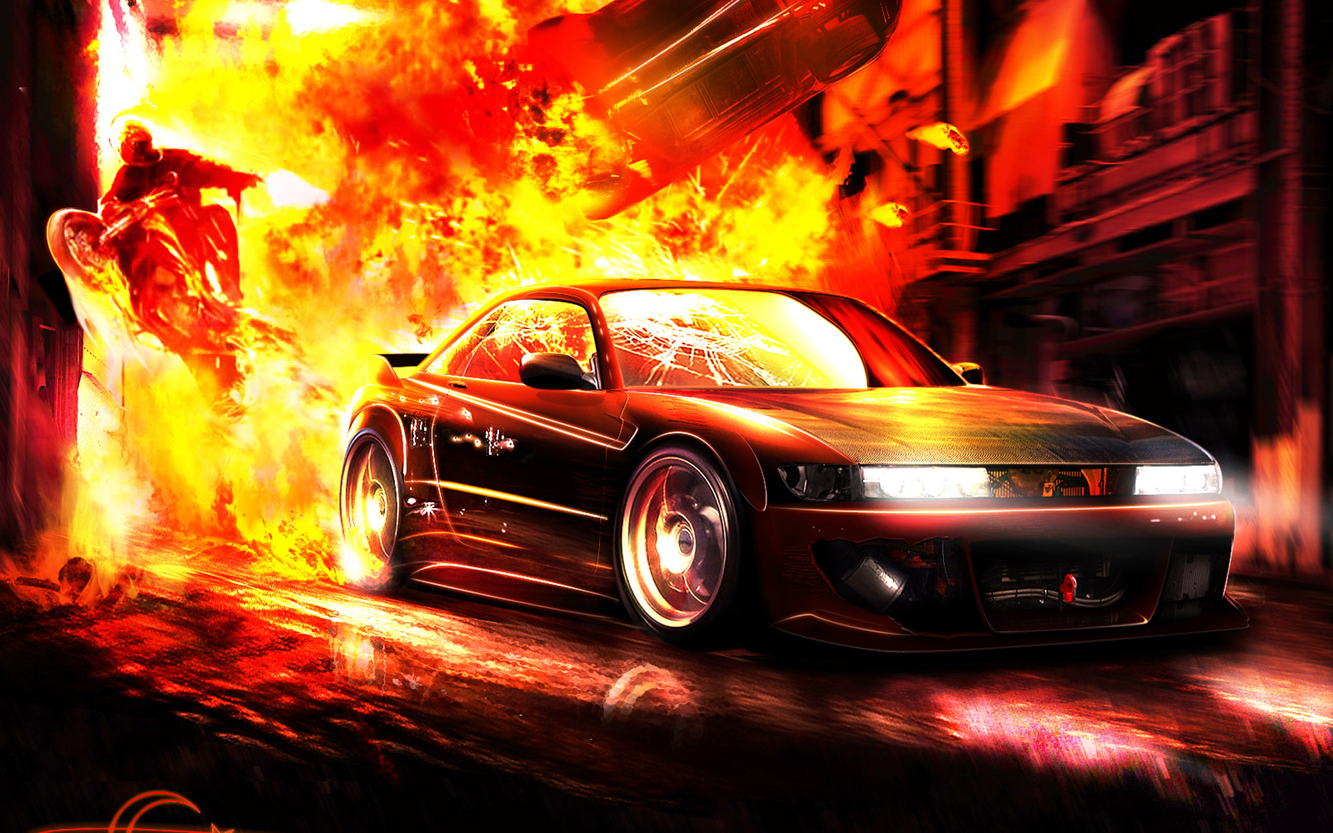 Автомобиль выезжает из огня