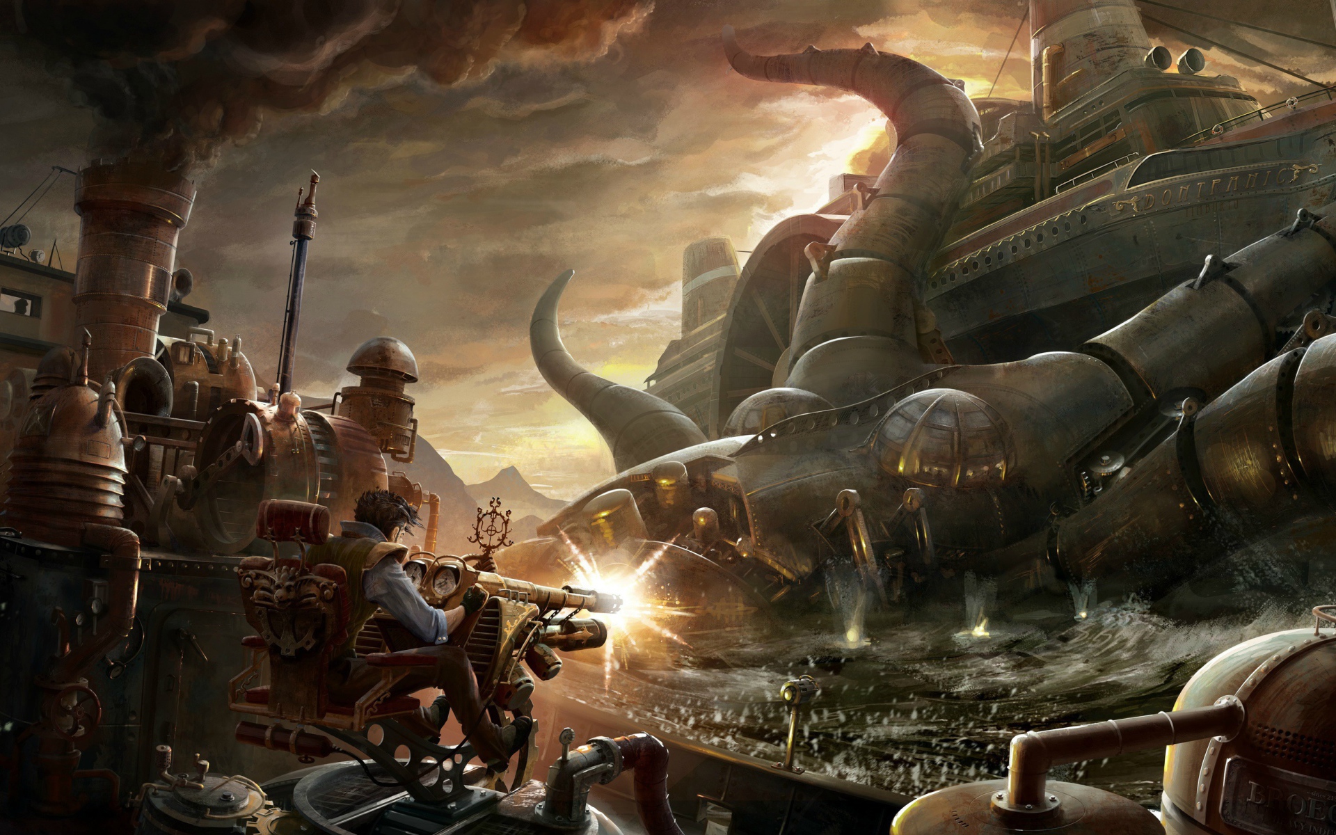 Борьба с металлическим монстром стимпанк