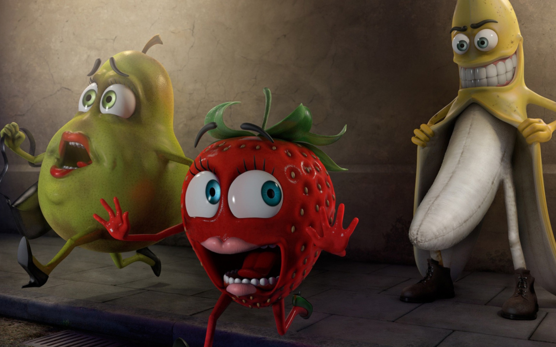 Голый банан и клубника с грушей