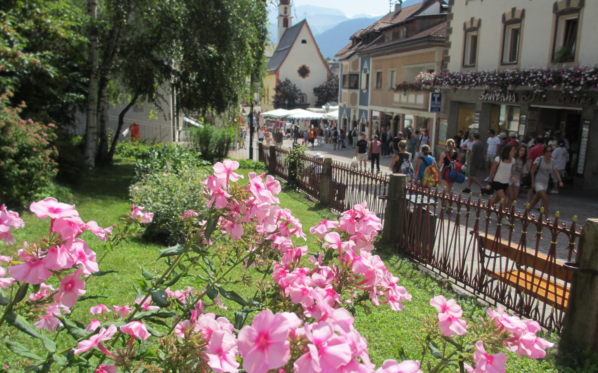 Цветы на клумбе на курорте Ортизей, Италия