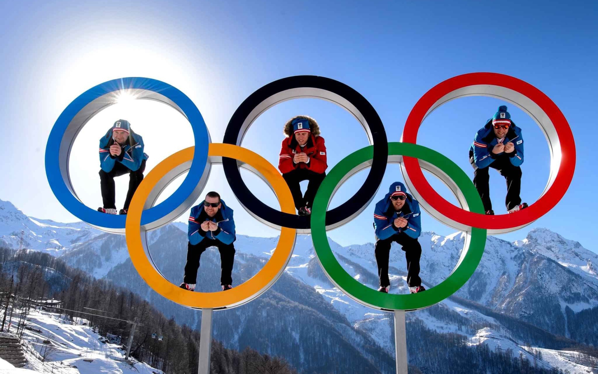 Athletes in the rings of the Olympic Games in Sochi