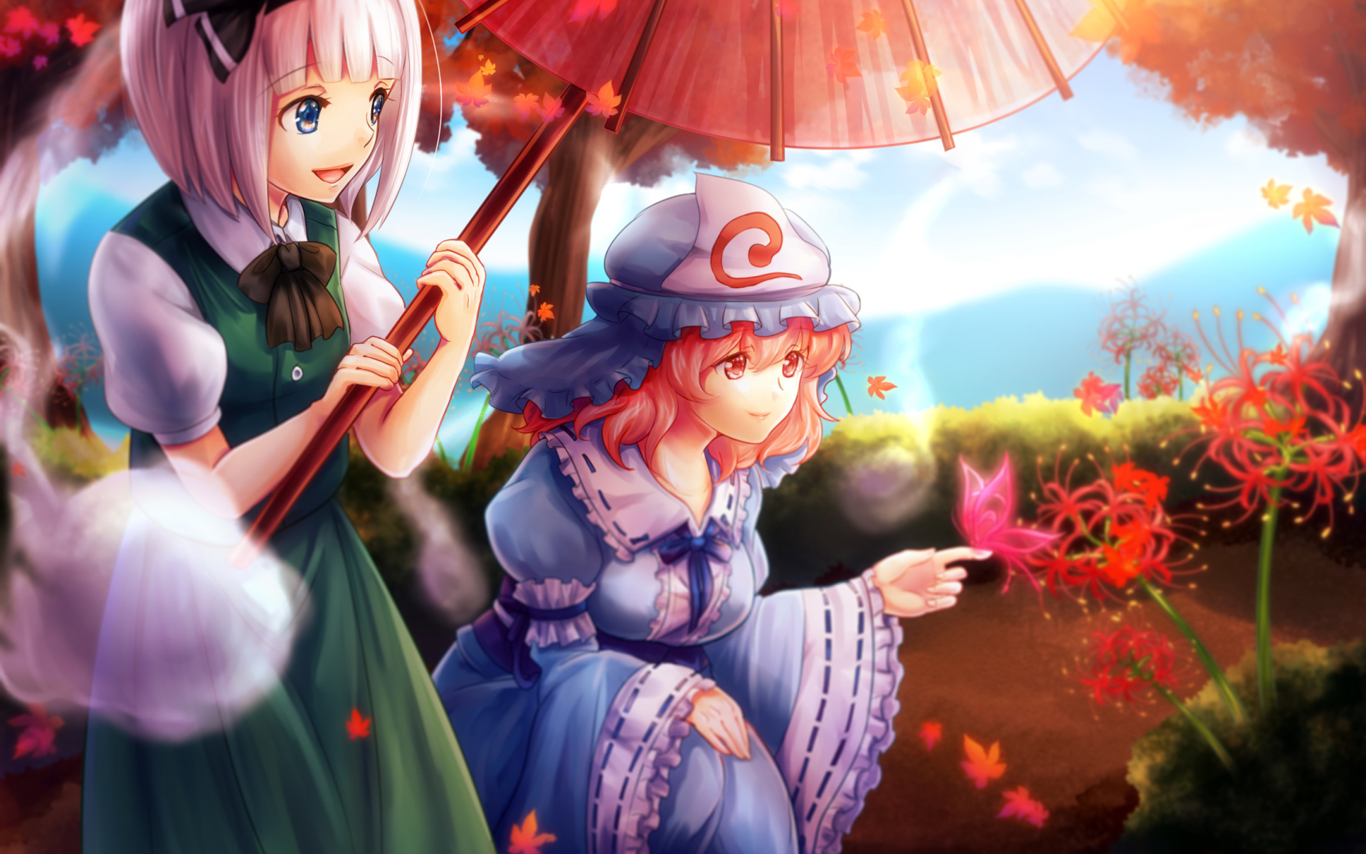 Пара девушек под зонтом в аниме Saigyouji Yuyuko