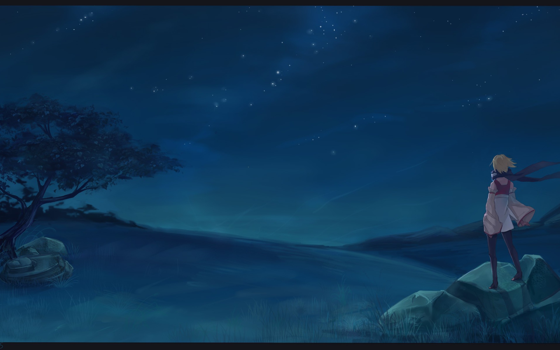 Девушка аниме смотрит на звезды в ночи