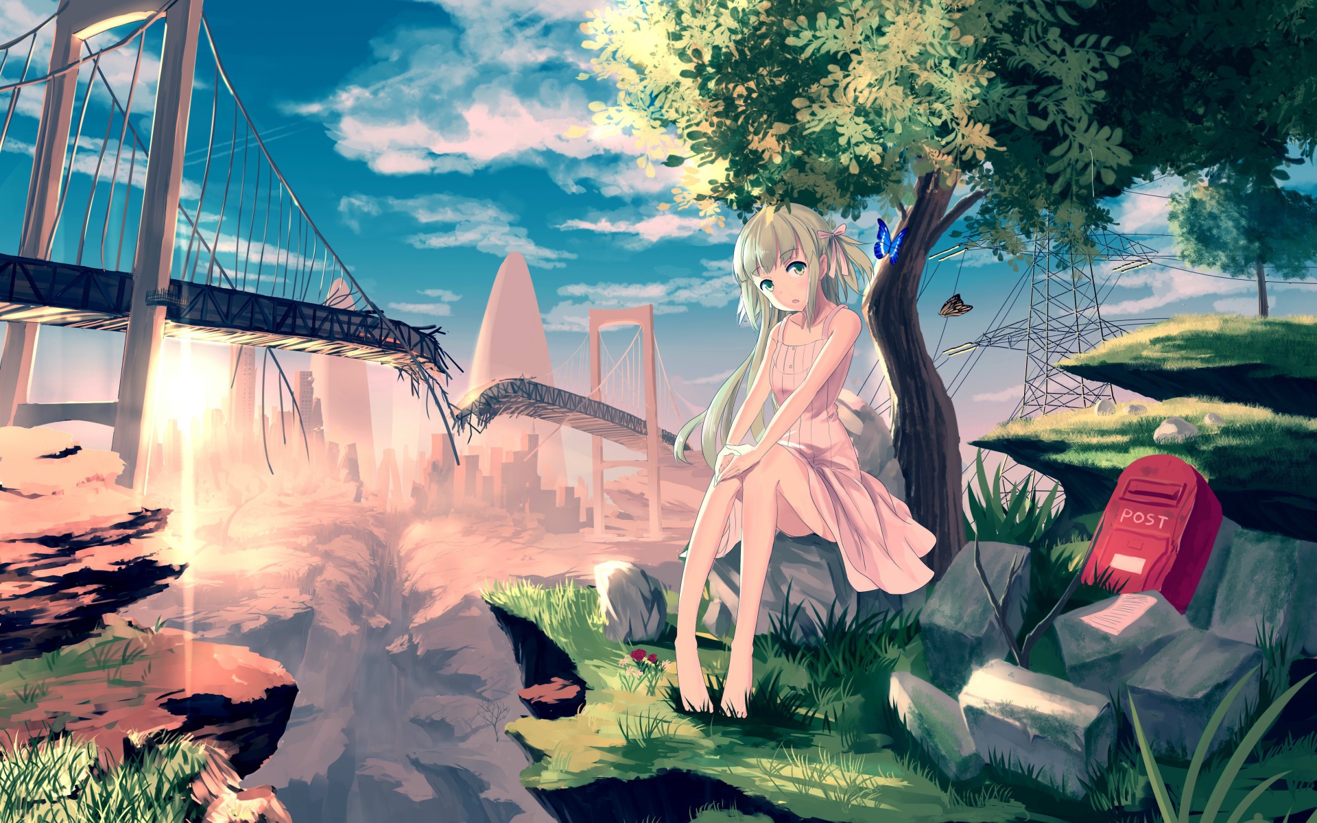 Аниме девушка на фоне разрушенного моста