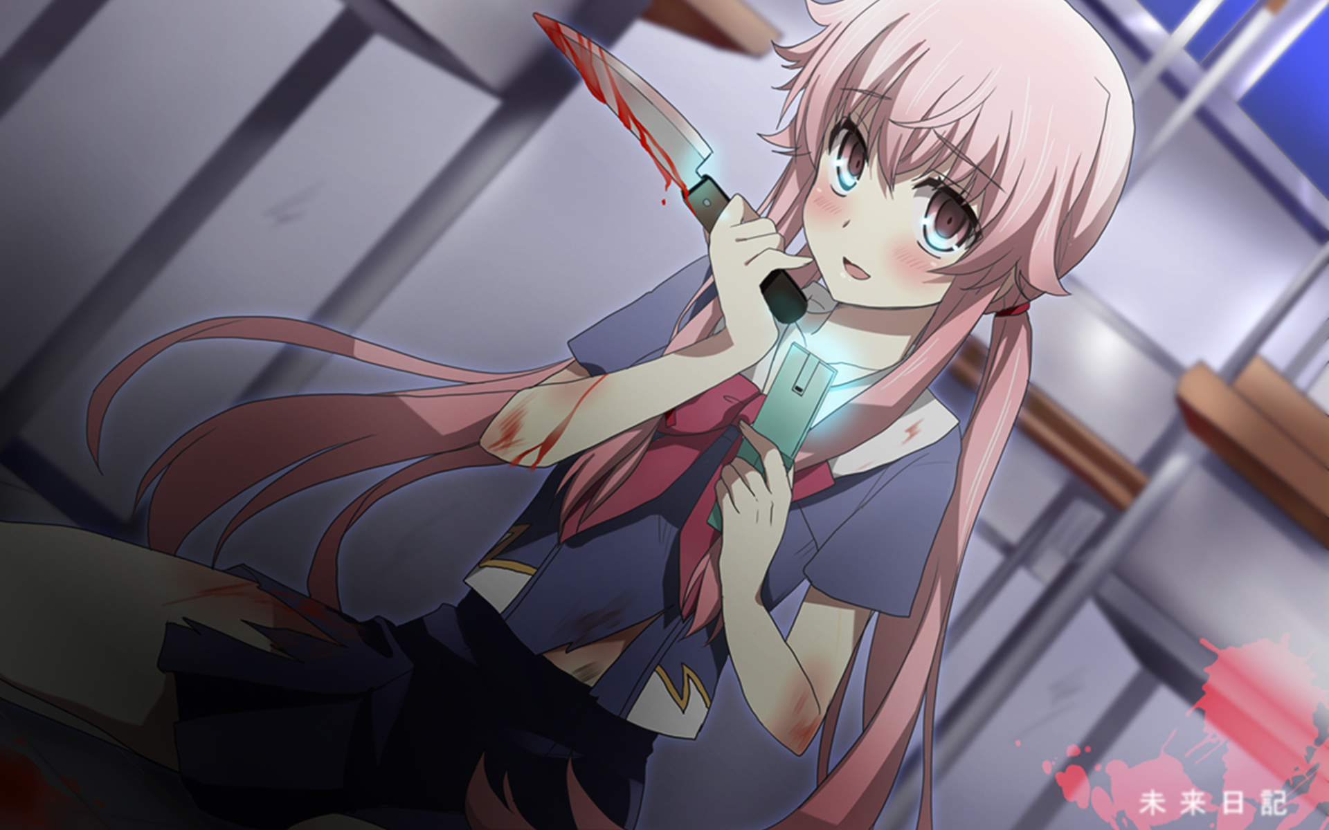 Девушка с окровавленным ножом в аниме Яндере