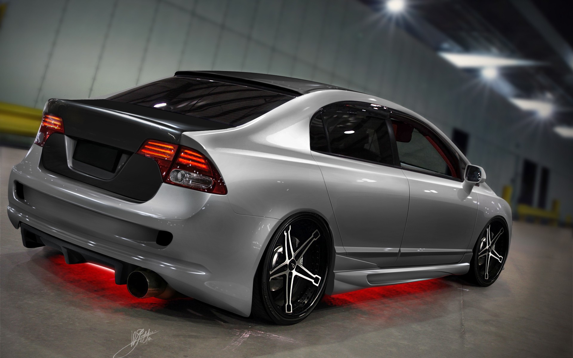 Красный неоновый свет в автомобиле Хонда Цивик