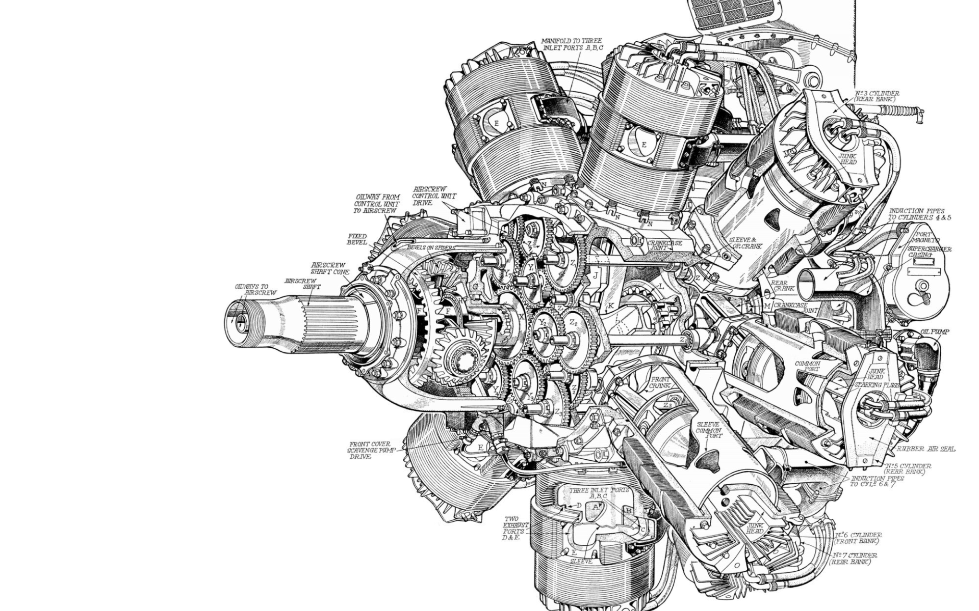 Чертеж мощного двигателя на белом фоне