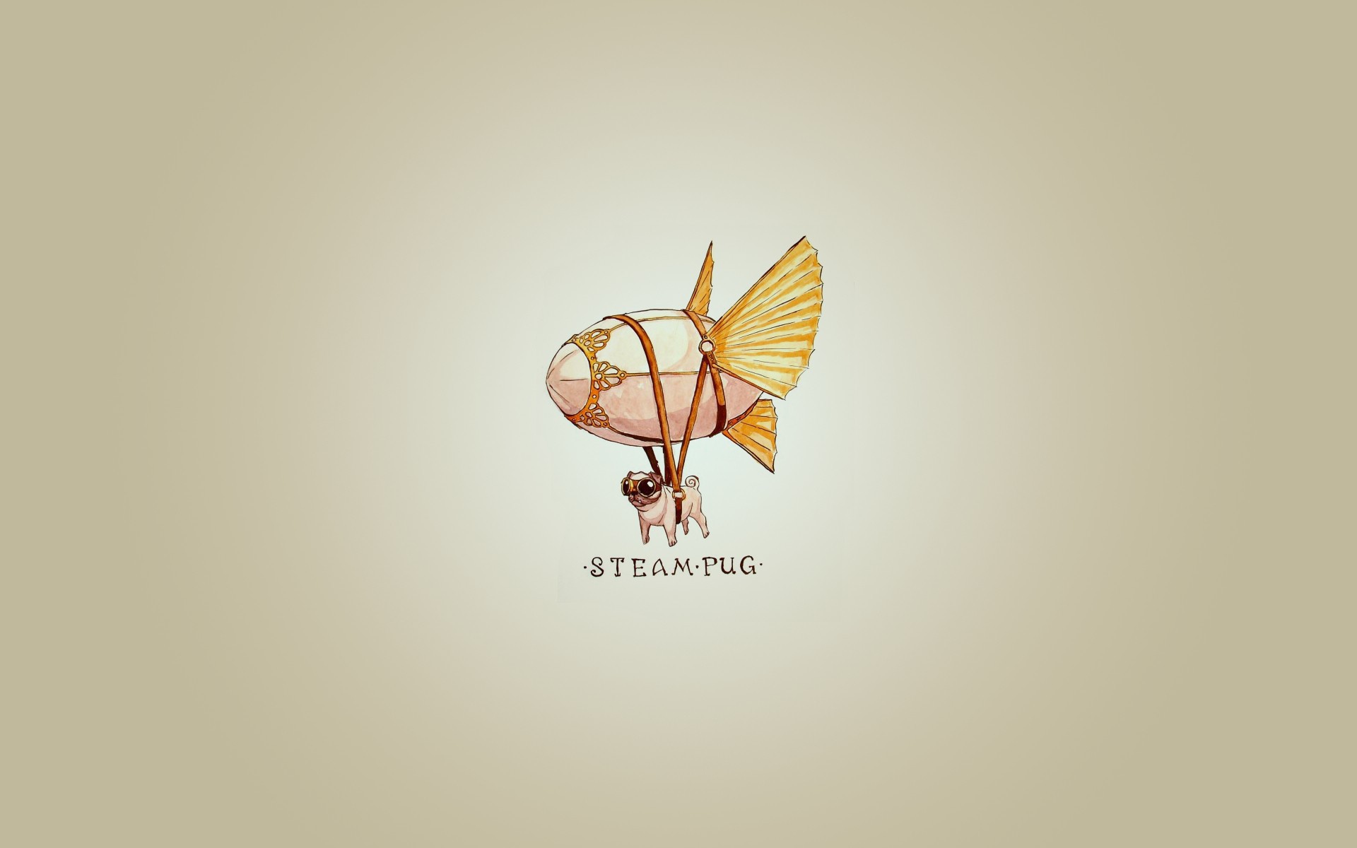 Мопс на дирижабле, серый фон