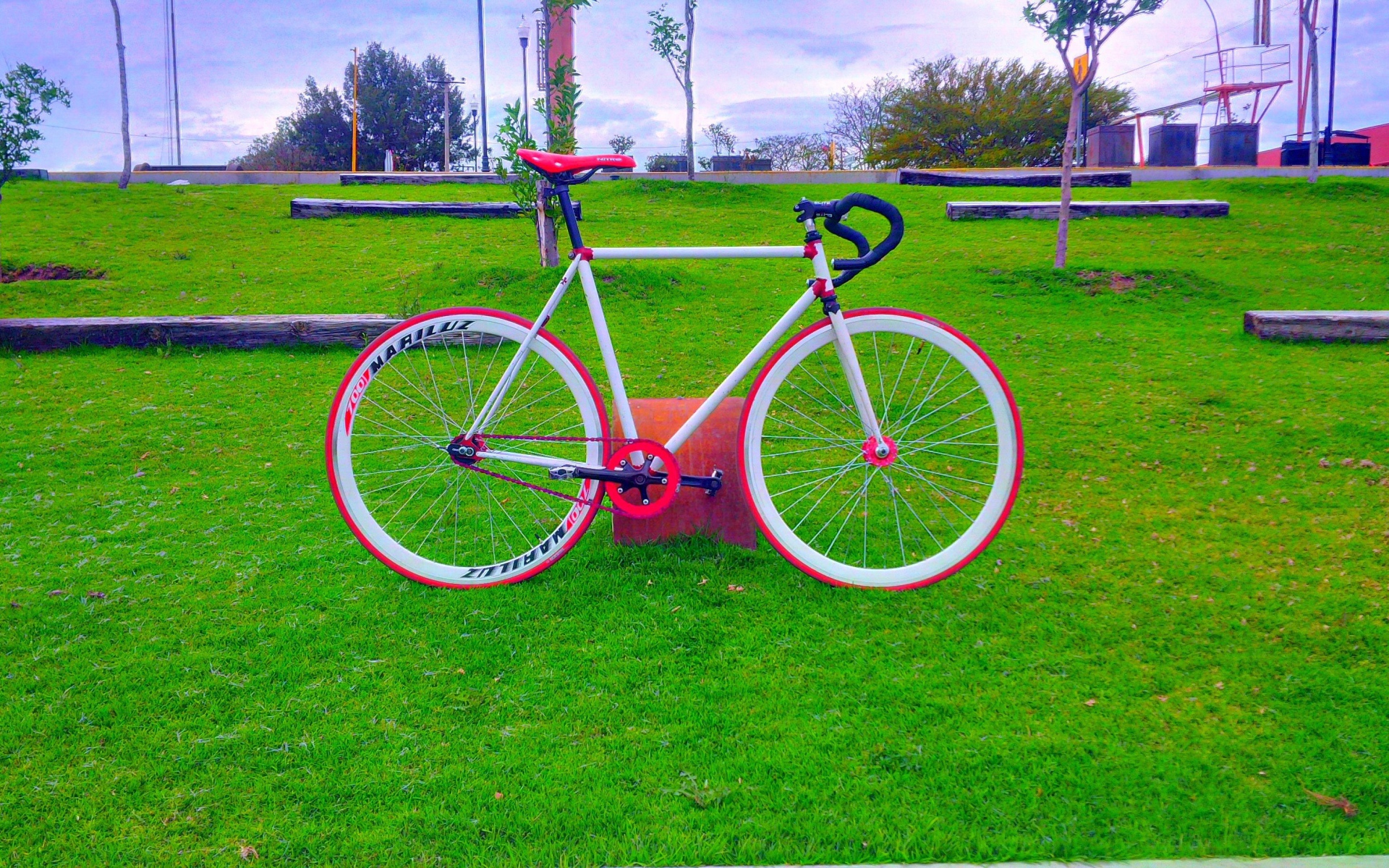 Розовый велосипед на зеленом газоне