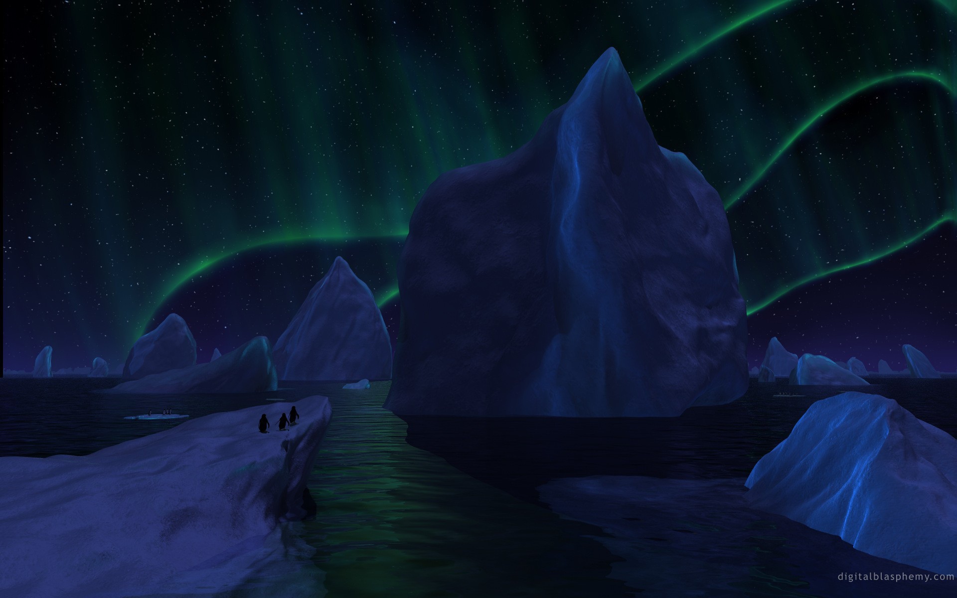 Айсберги под северным сиянием