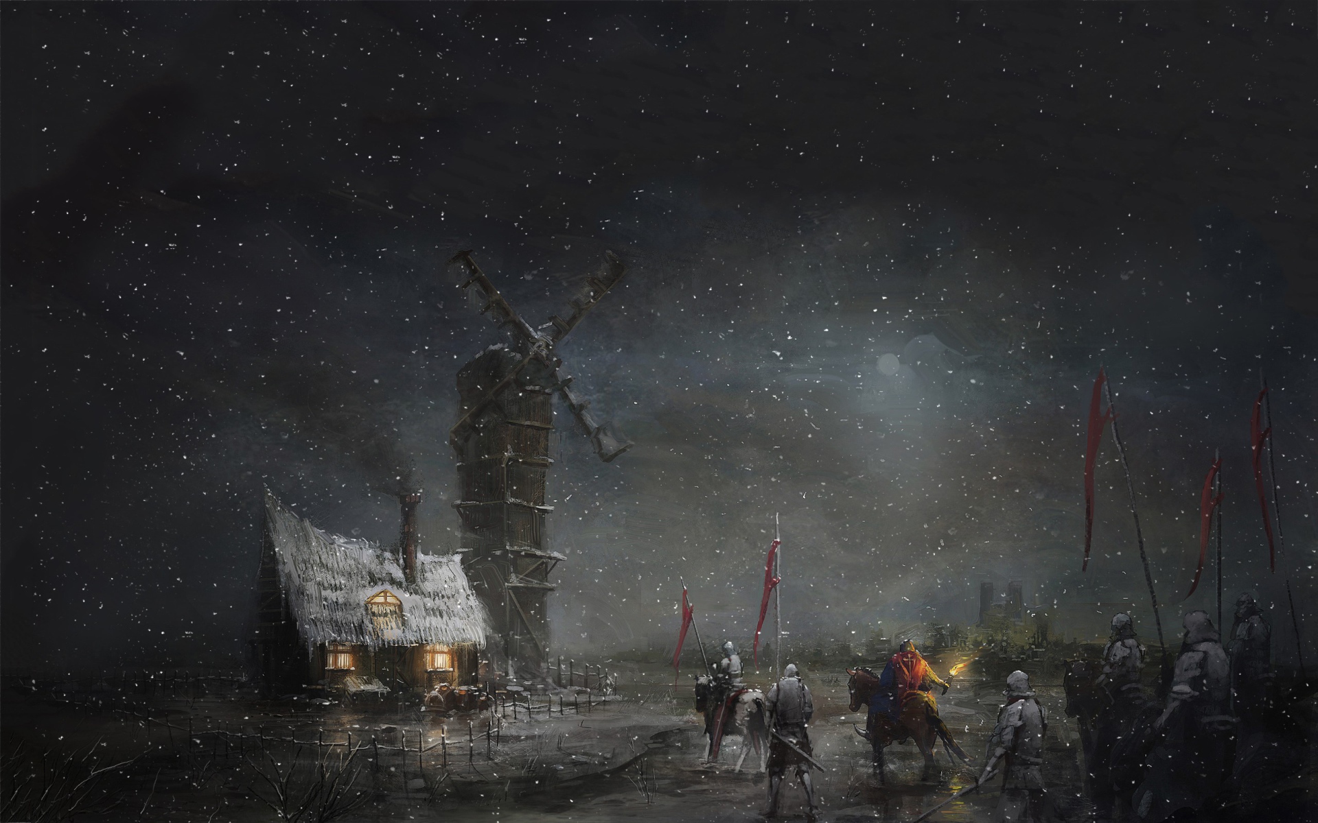 Отряд солдат у ветряной мельницы