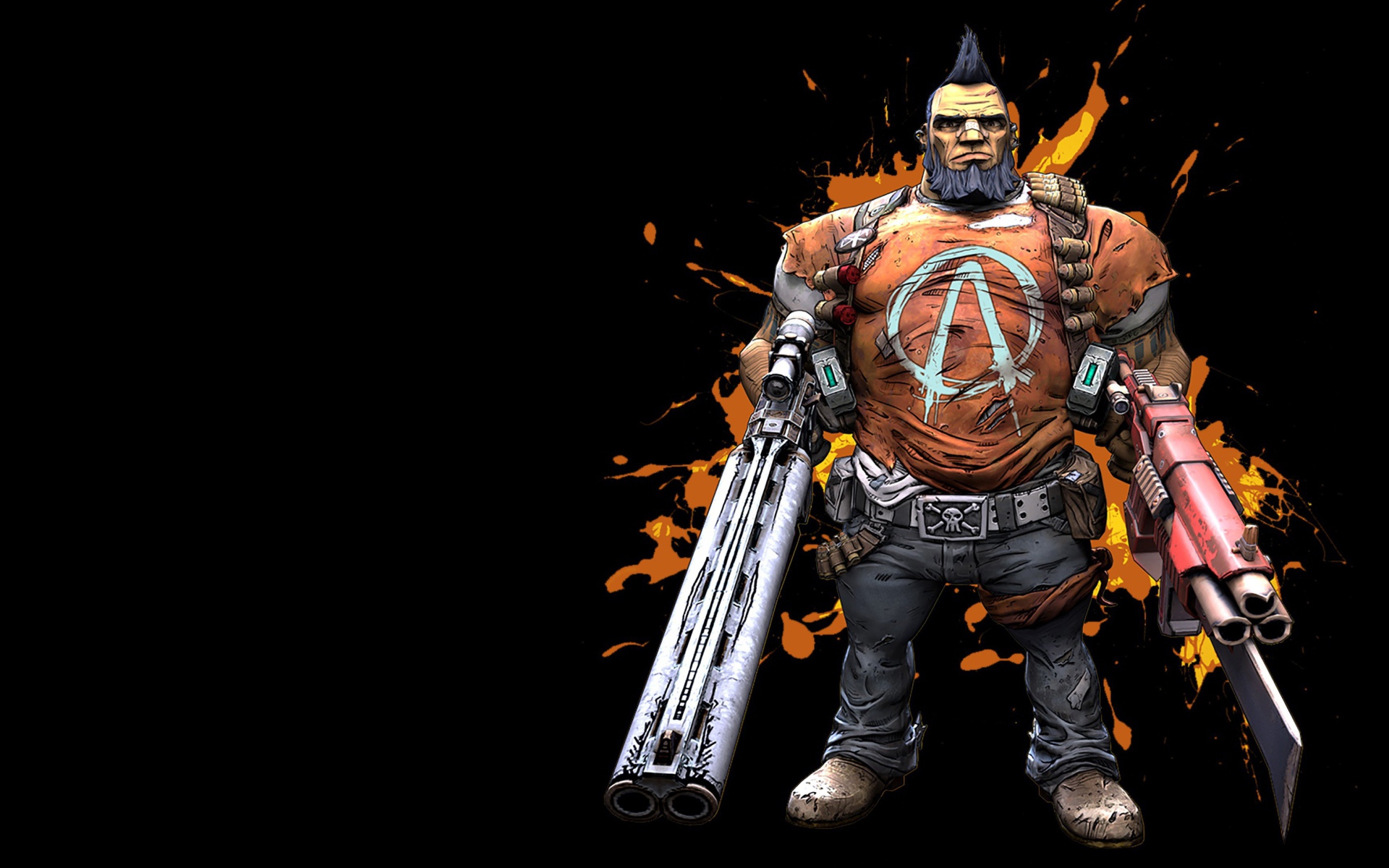 Персонаж игры Borderlands 2 с оружием на черном фоне