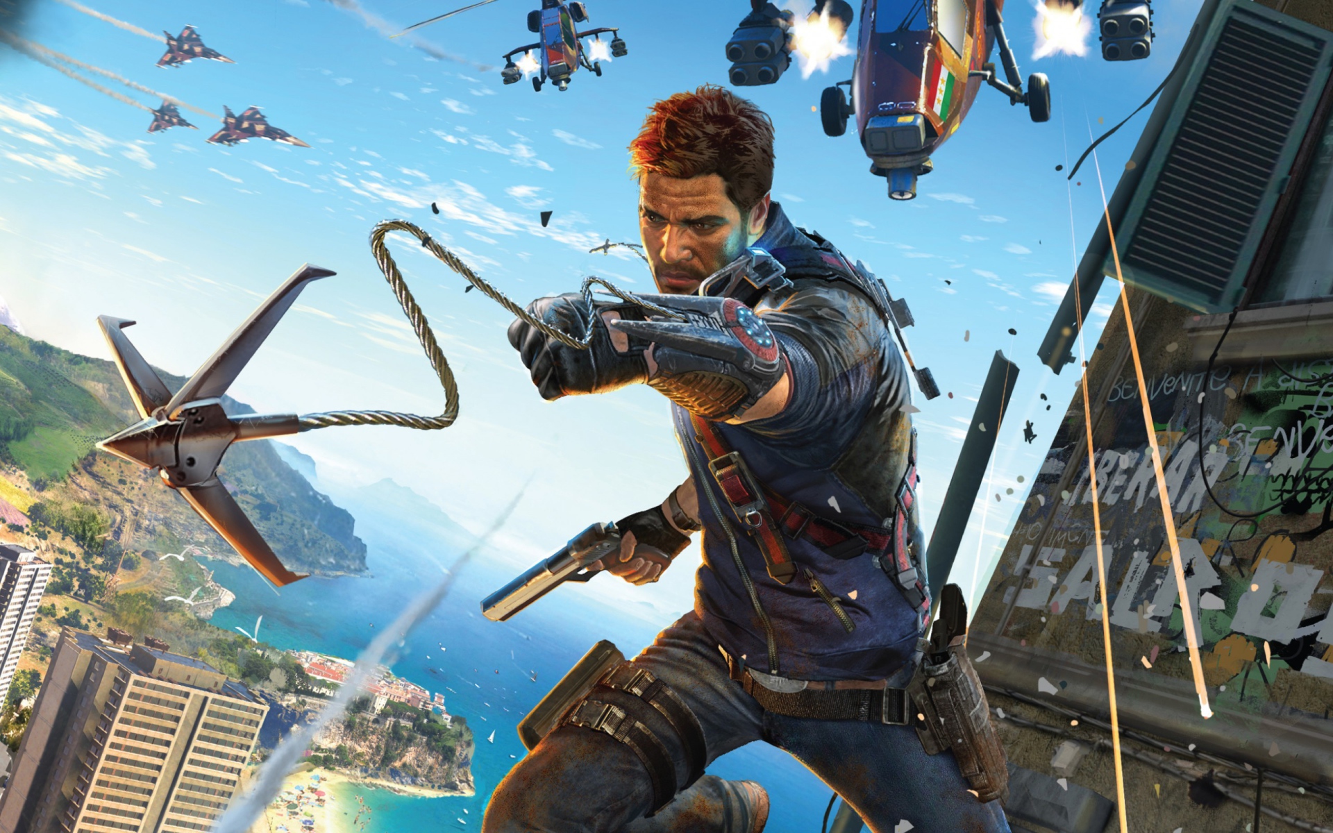 Герой игры Just Cause 3 стреляет гарпуном