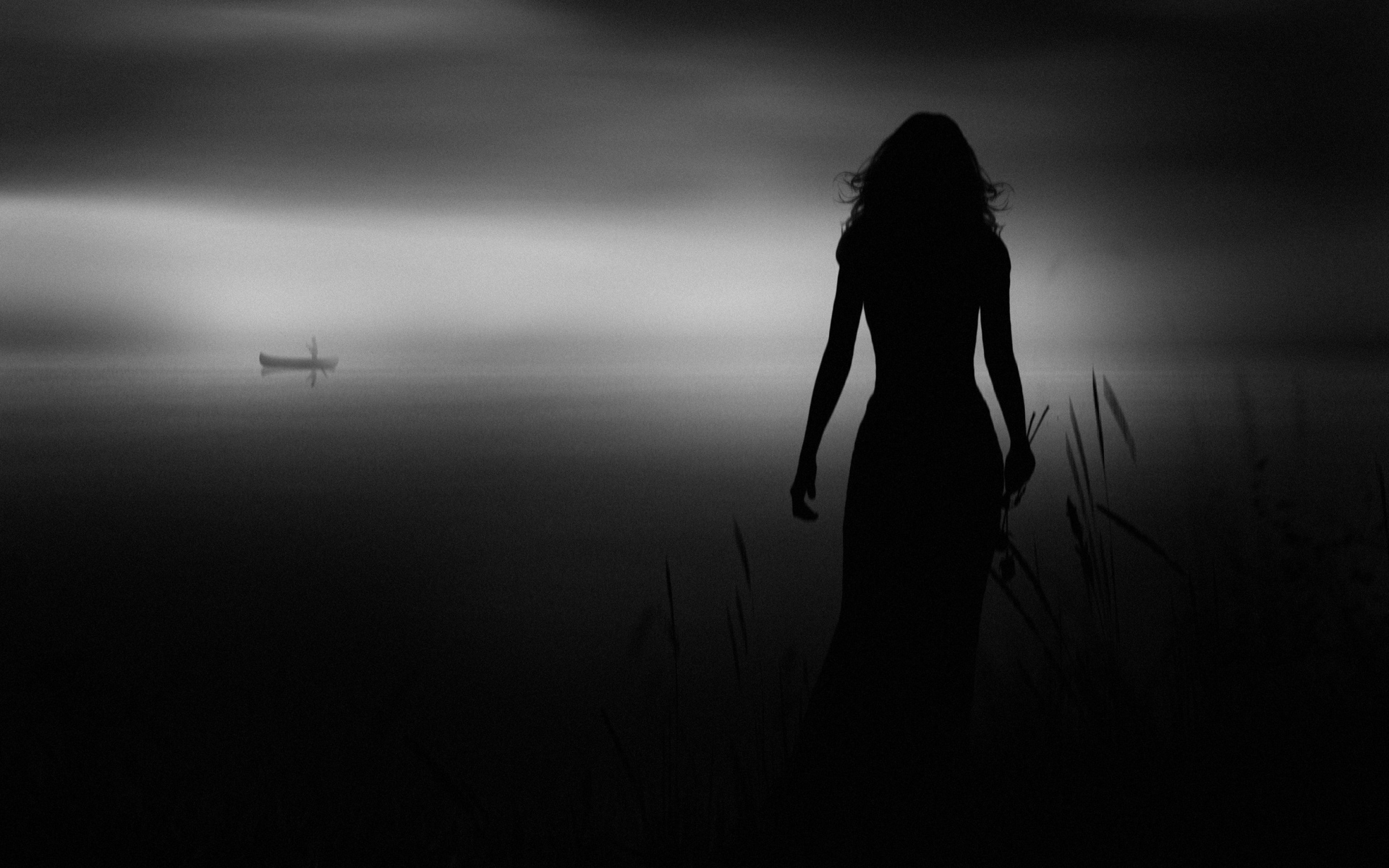 Силуэт девушки в прибрежном камыше