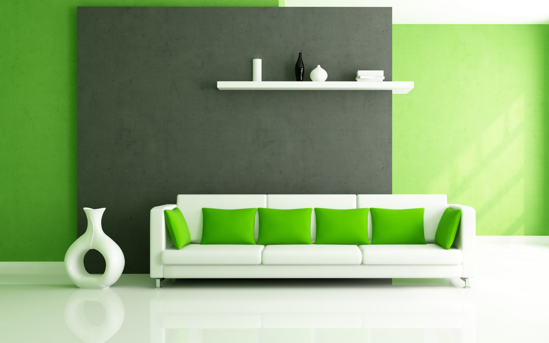 Белый диван с зелеными подушками