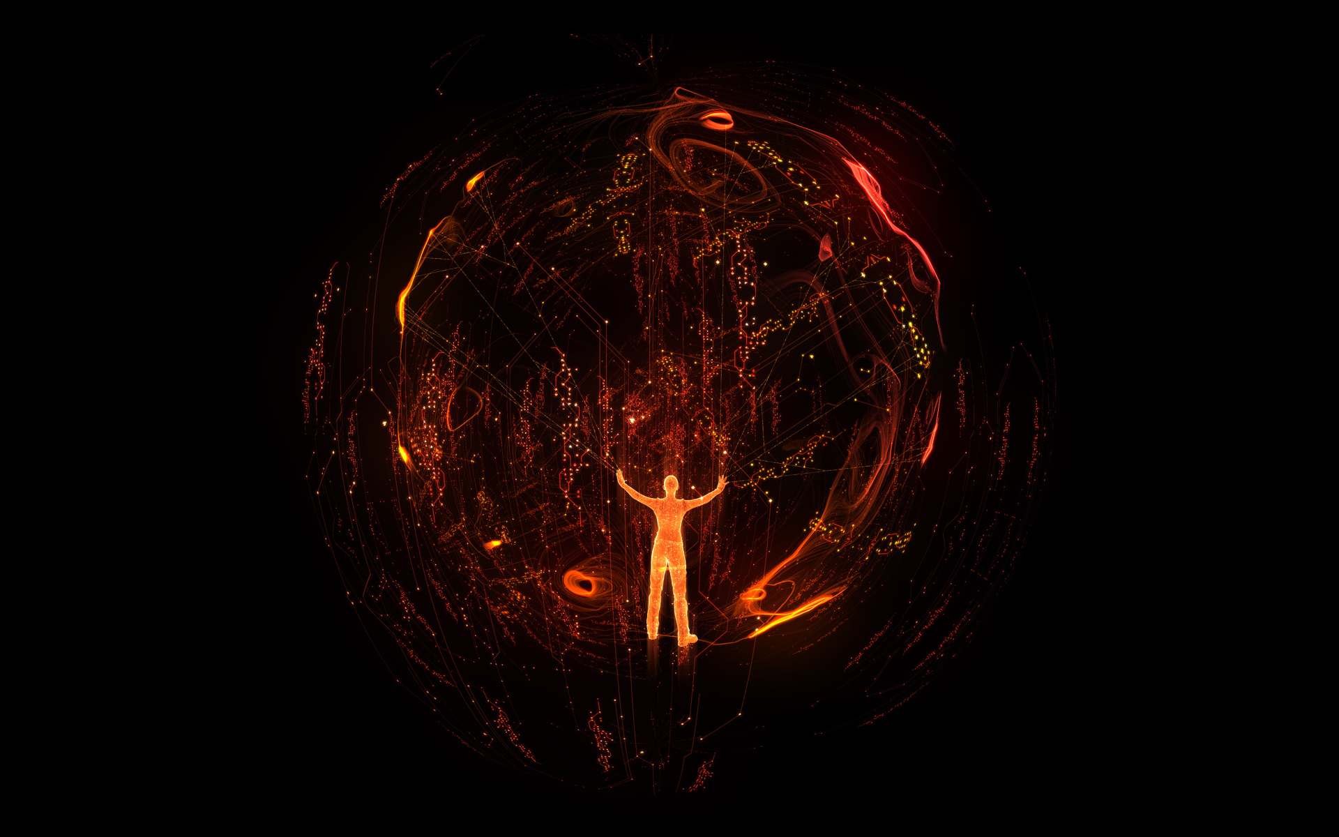 Огненный человек в сфере на черном фоне