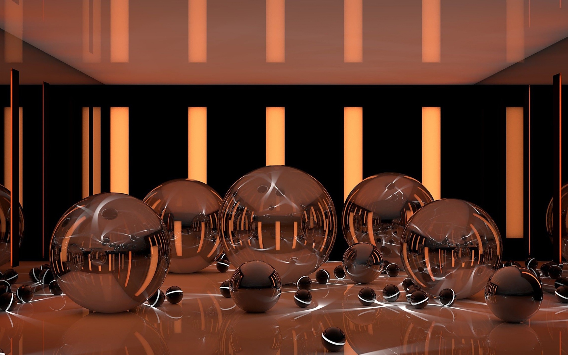 Глянцевые шары на поверхности с неоновыми полосками 