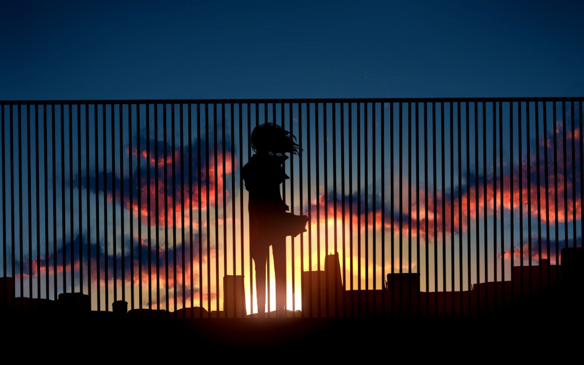 Аниме девушка на крыше смотрит на закат  