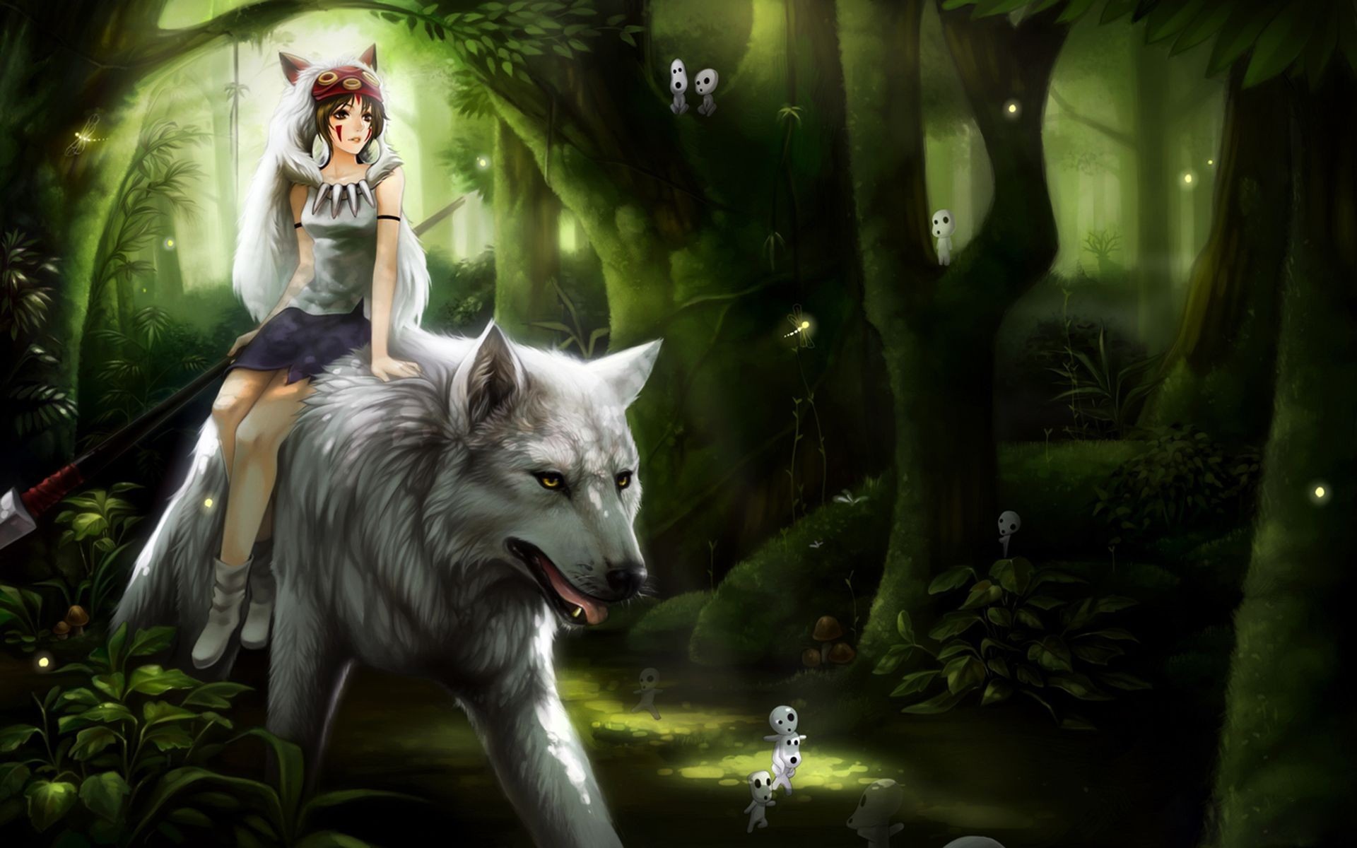 Девушка верхом на белом волке аниме Принцесса Мононоке 