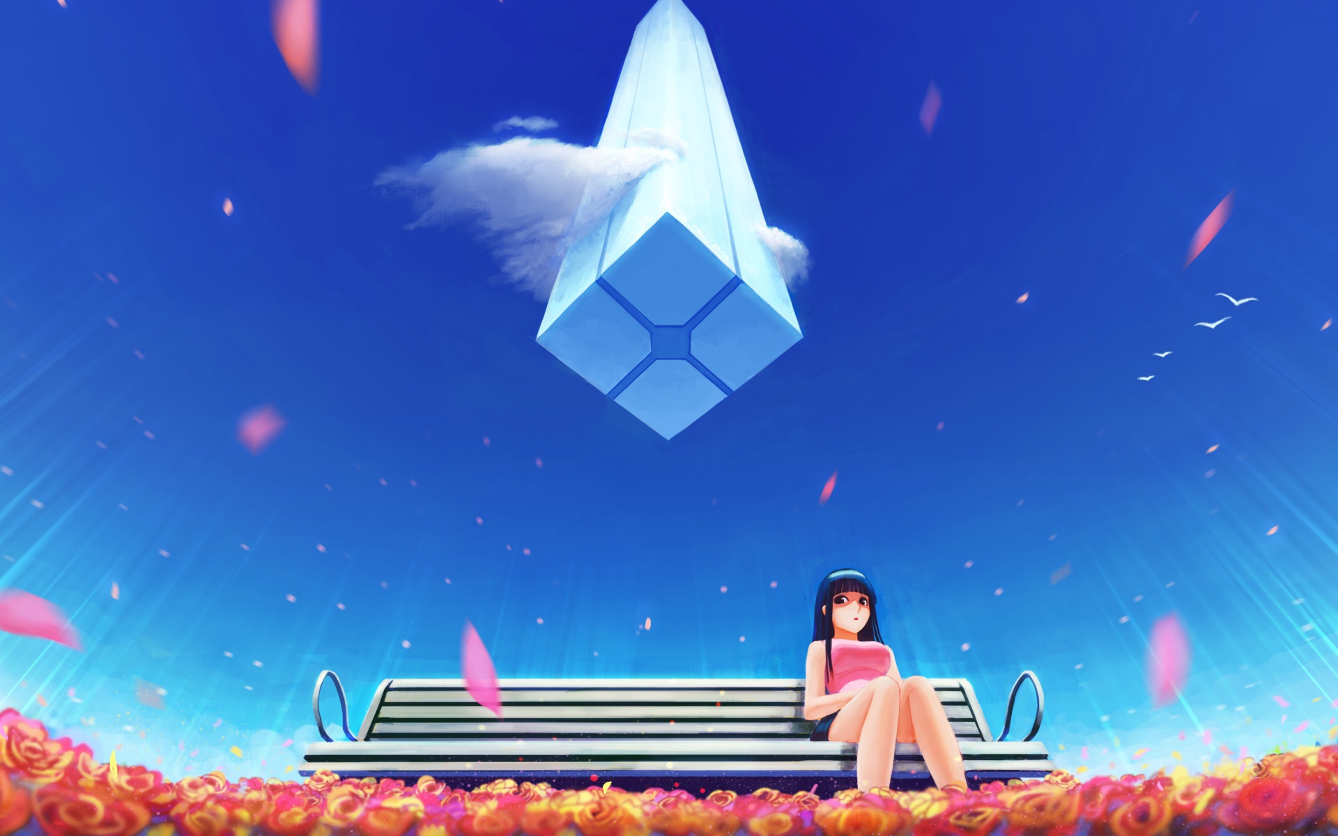 Девушка аниме на фоне голубого неба  