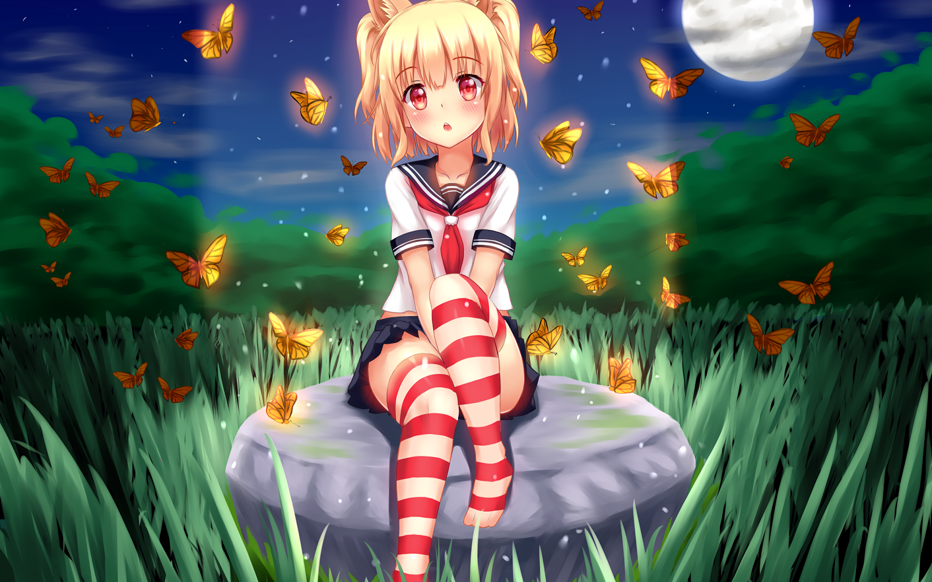 Девушка аниме с бабочками при свете луны 