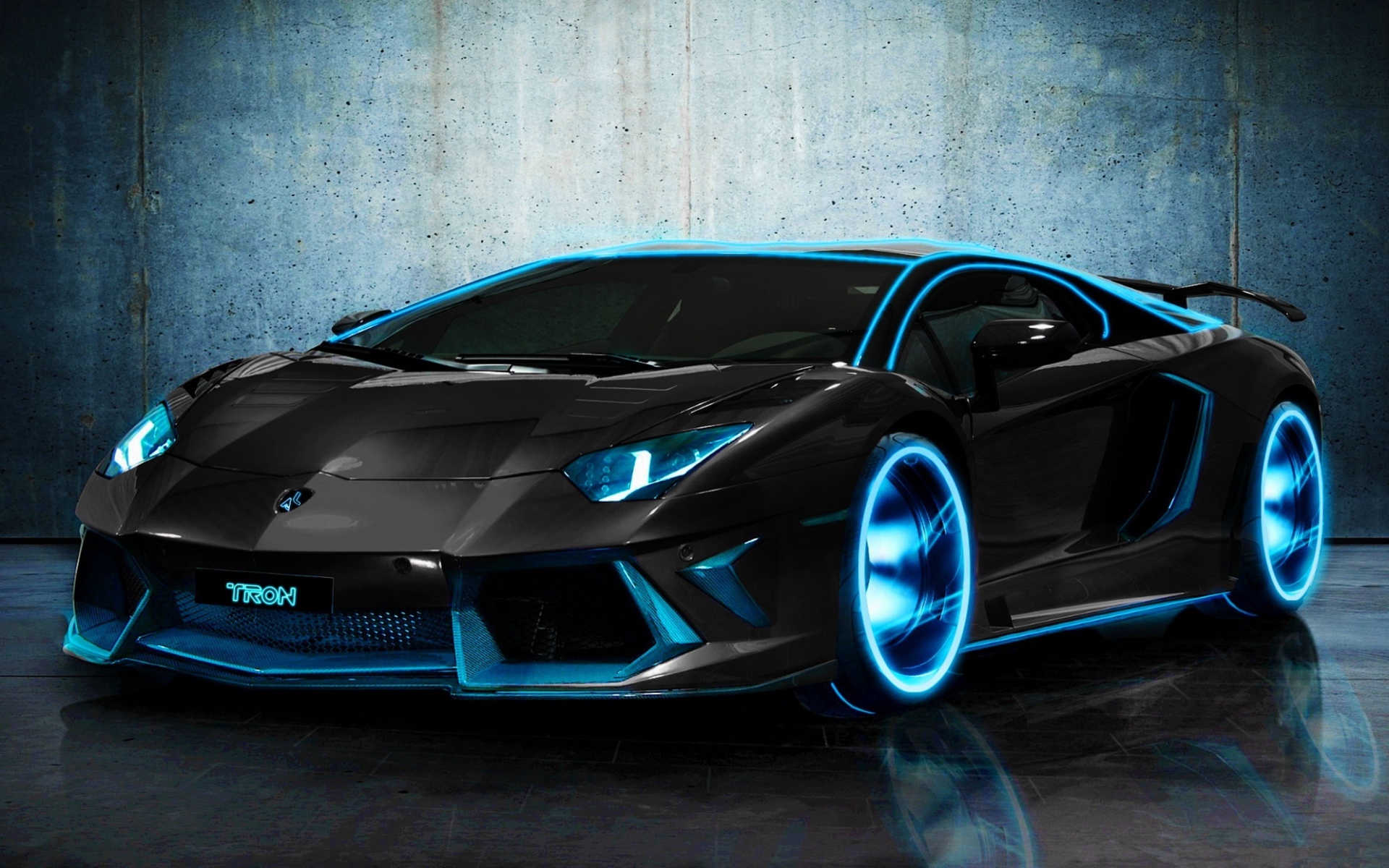 Черный автомобиль Lamborghini Aventador, 2018  с неоновой подсветкой