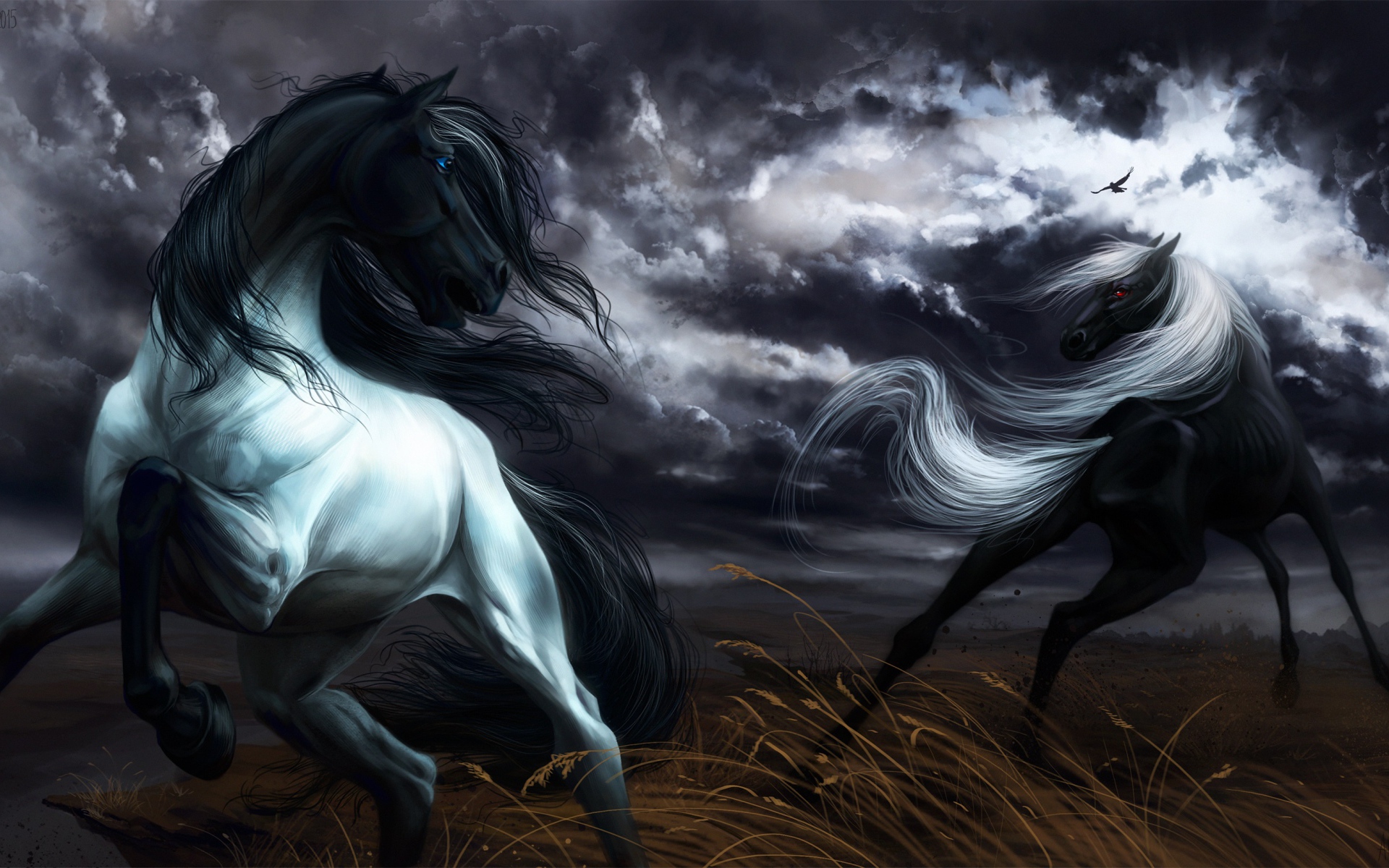 Две нарисованные черные лошади скачут под грозовым небом